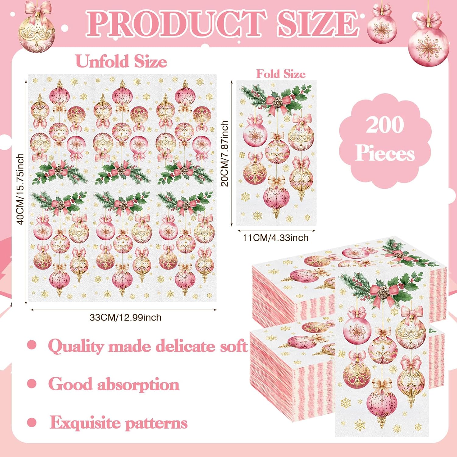 Zhanmai 200 servilletas de Navidad desechables, color rosa, adorno de Navidad, para cóctel, bebidas, servilletas de papel decorativo, servilletas de