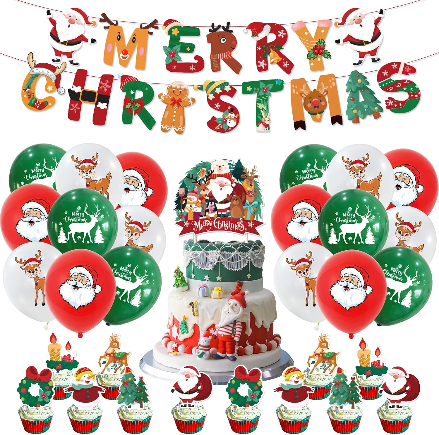Juego de 61 piezas de decoración de Navidad, suministros de decoración de fiesta de Navidad, pancarta de decoración de Navidad, globo de Papá Noel,