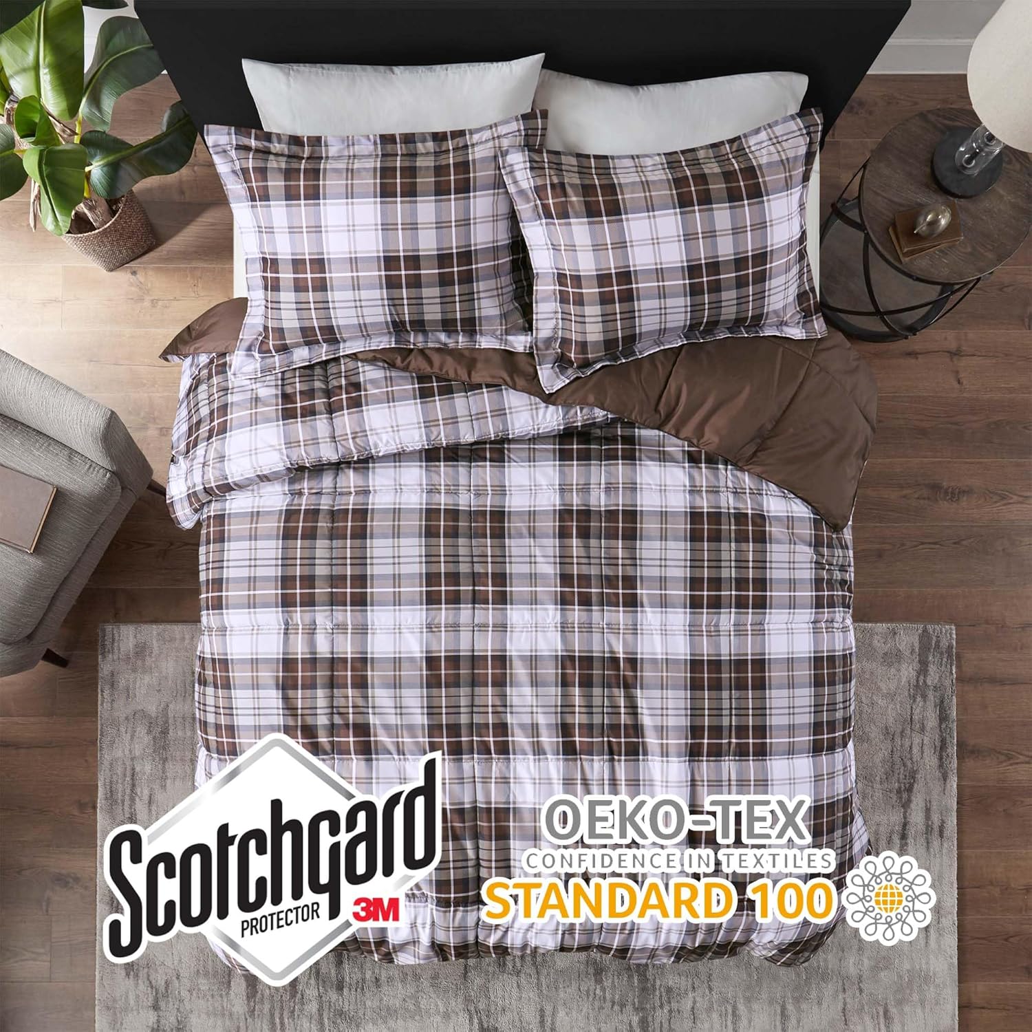 Madison Park Essentials Parkston – Edredón a cuadros, funda a juego, funda de liberación de manchas Scotchguard 3M, hipoalergénico para todas las