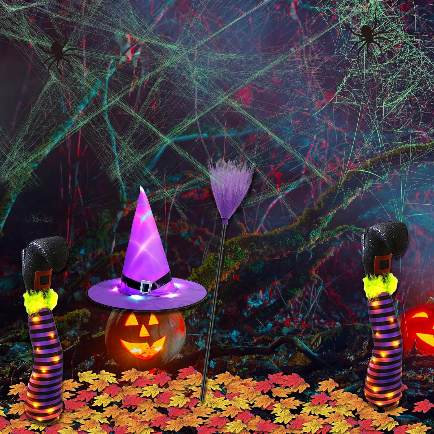 Estacas de Halloween para patio, decoración de patas de bruja LED, decoración de bruja de Halloween iluminada al aire libre, sombrero de bruja LED,