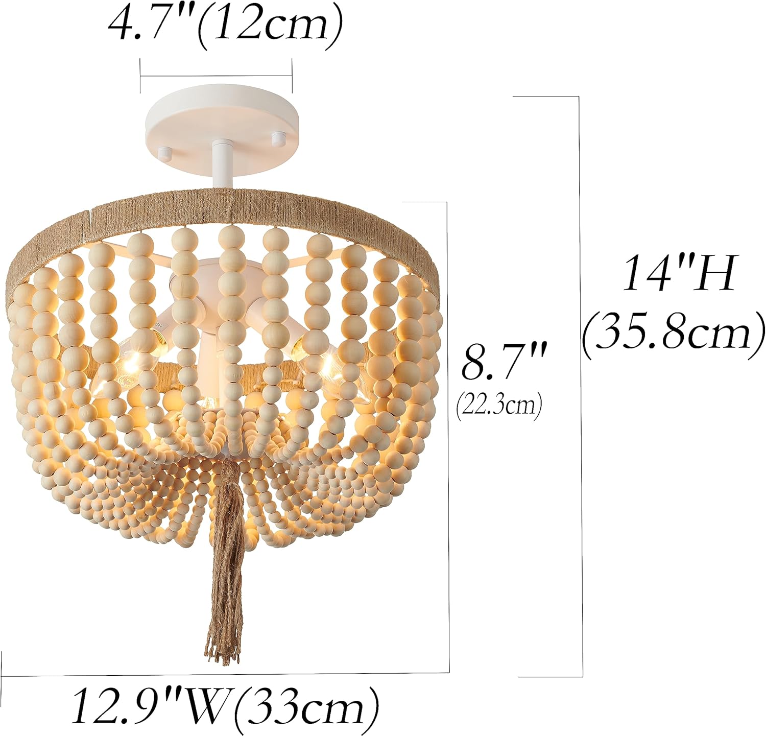Candelabro de montaje semi empotrado con cuentas de madera, pequeña lámpara de granja, iluminación de 3 luces, lámparas boho para techo