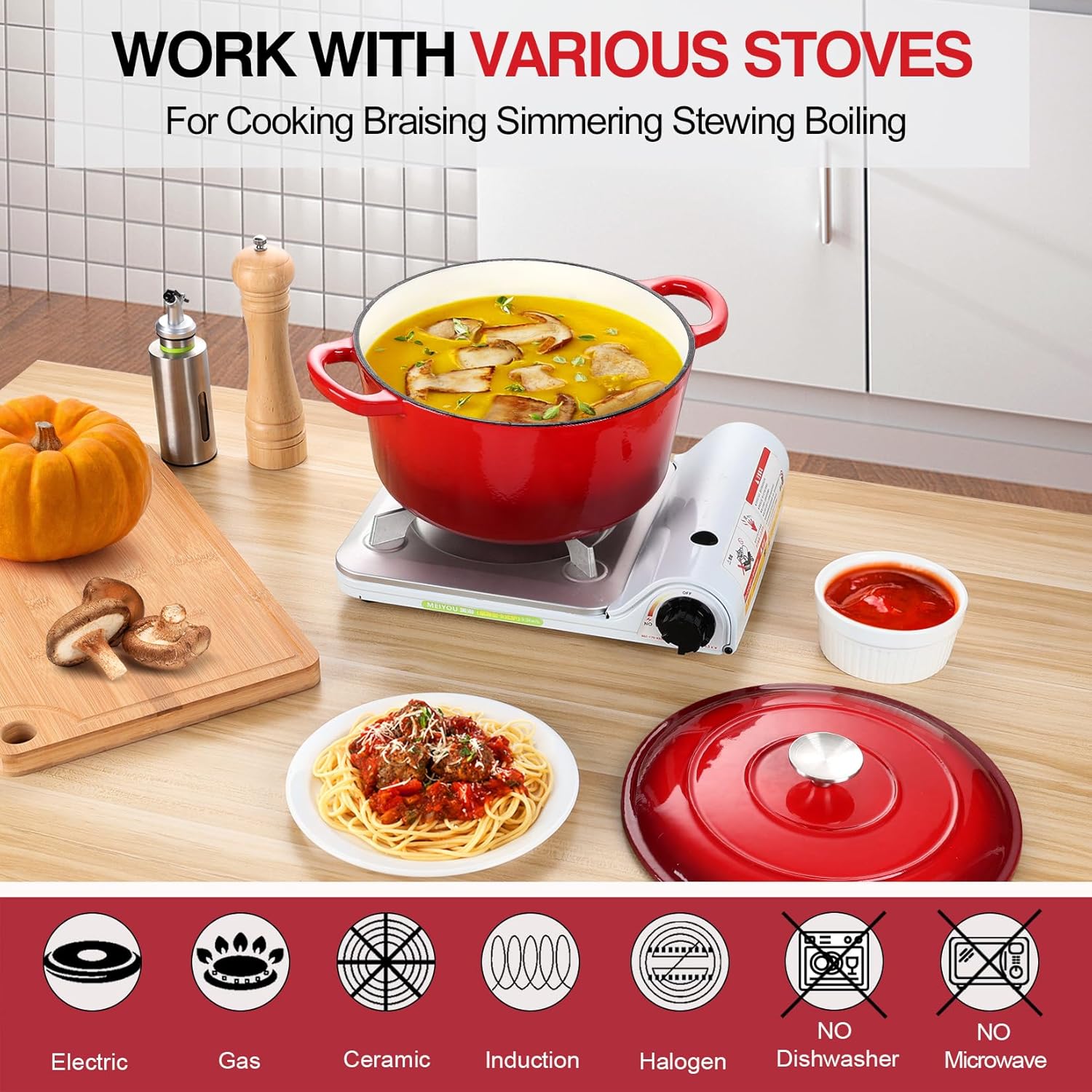 P&P CHEF – Horno holandés esmaltado de 6 cuartos de galón con tapa, olla holandesa de hierro fundido de 6 cuartos de galón, olla redonda esmaltada