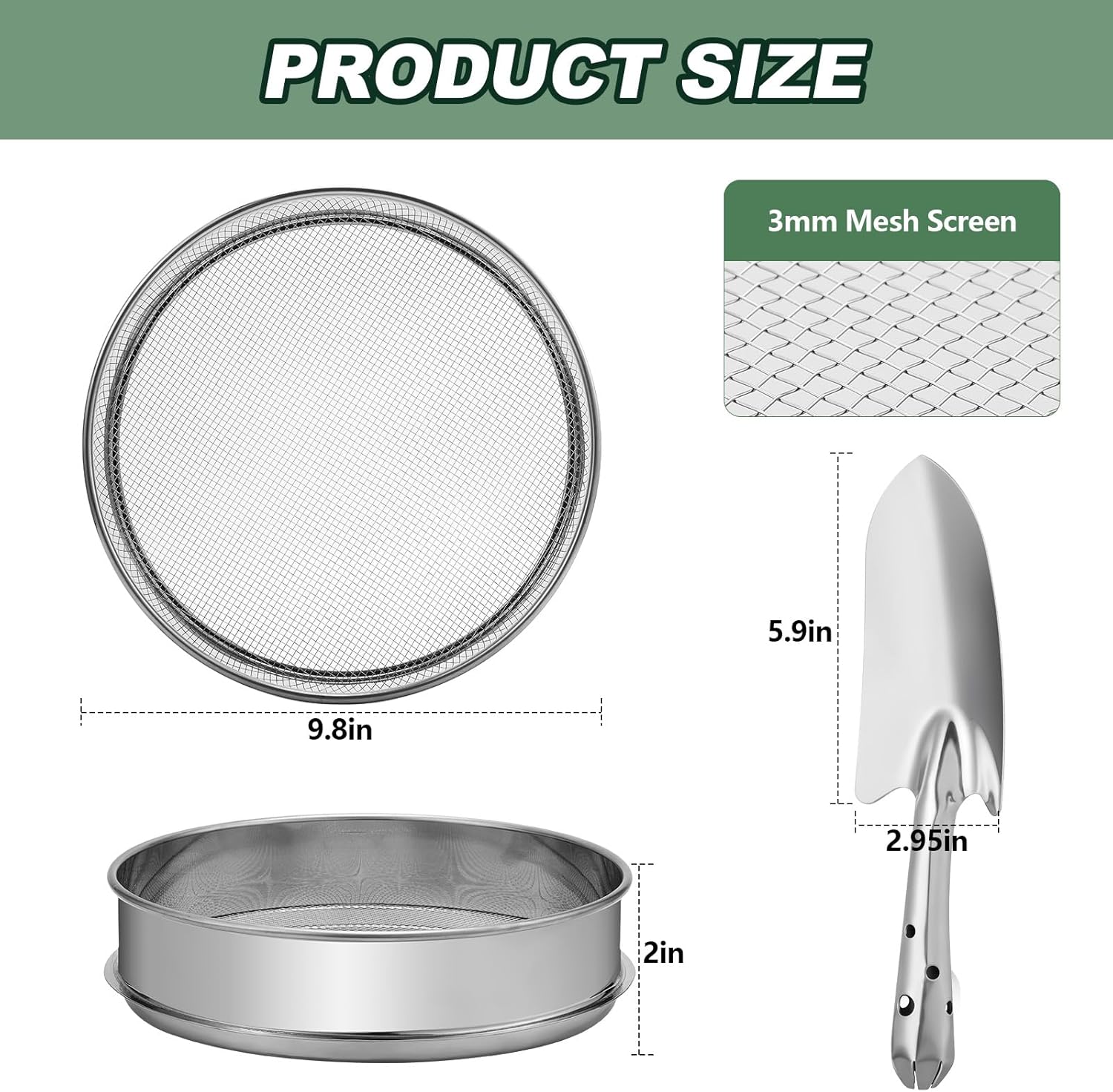 Hushee Tamiz de suelo con pala, bandeja de tamiz de 10 pulgadas, tamiz de compost inoxidable, tamiz de jardín, tamiz de arena para suciedad, rocas,