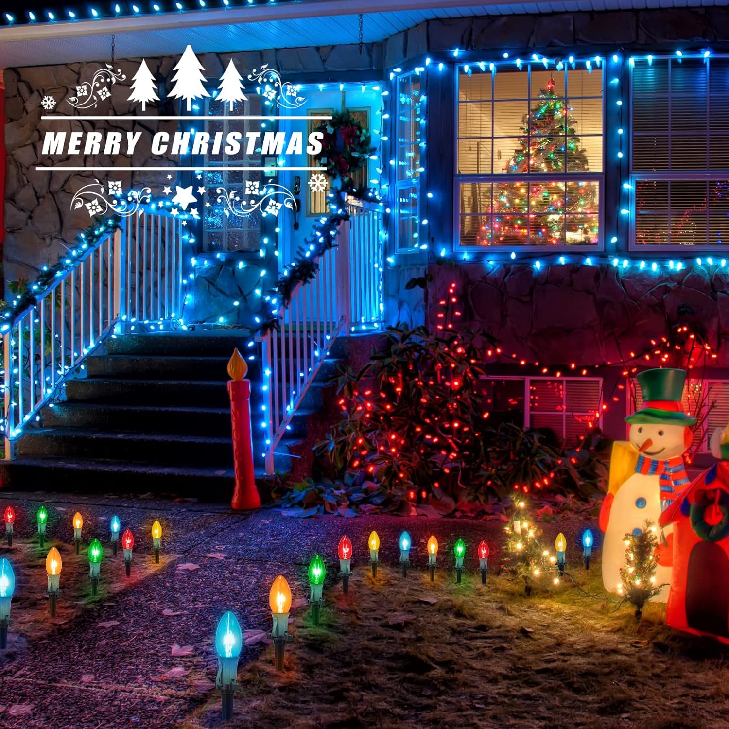 Luces de camino de Navidad para exteriores, luces de Navidad de 51.4 pies con 40 bombillas y estacas multicolores, conectables al aire libre,