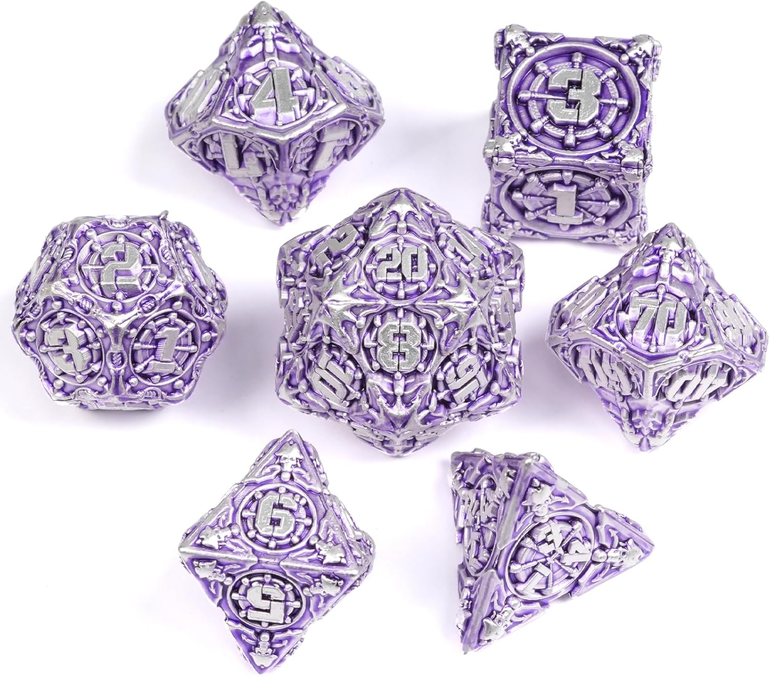 DND – Juego de dados de metal con caja, coloridos dados de pirata DND de 7 piezas para regalos RPG D&D Dungeons and Dragons (morado plateado)