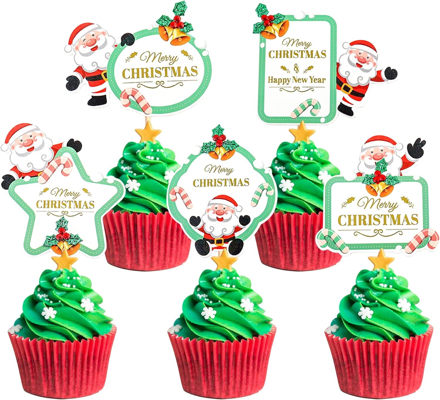 Ercadio Paquete de 30 adornos para cupcakes con purpurina de Papá Noel, ciervo, muñeco de nieve, botas de Navidad, árbol de magdalenas, temática de