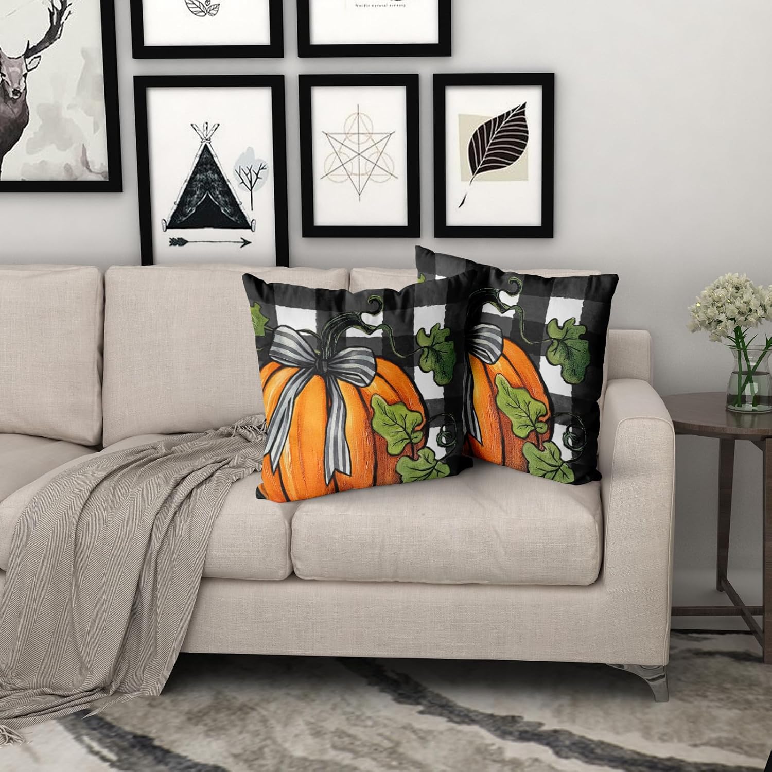 Juego de 2 fundas de almohada de otoño de 16 x 16 pulgadas, fundas de almohada decorativas de calabaza a cuadros negros y blancos, fundas de