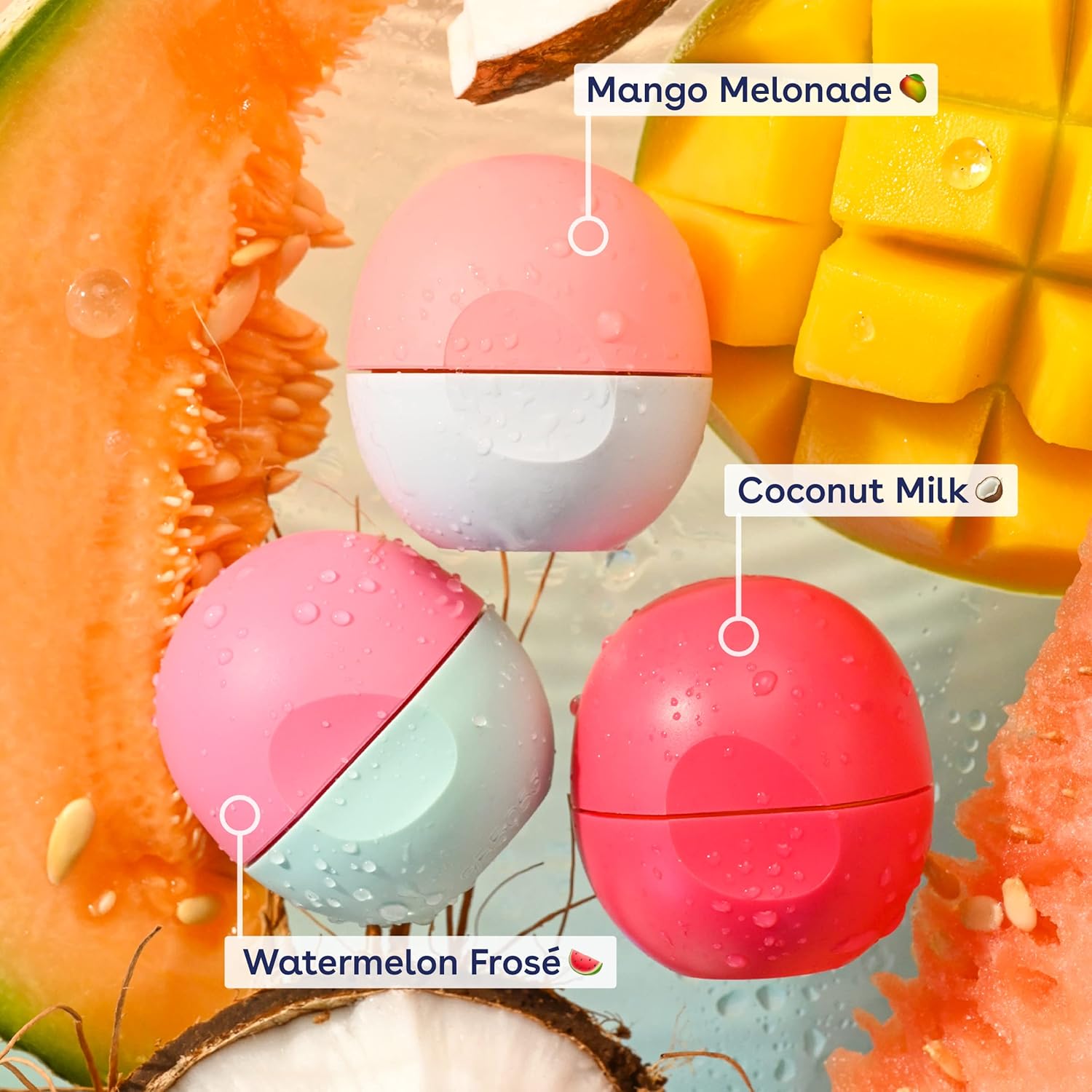 eos Juicy Vibes – Paquete variado de bálsamo labial sabores Sandía rosé, Melonada de mango y Leche de coco, humectan todo el día, productos para