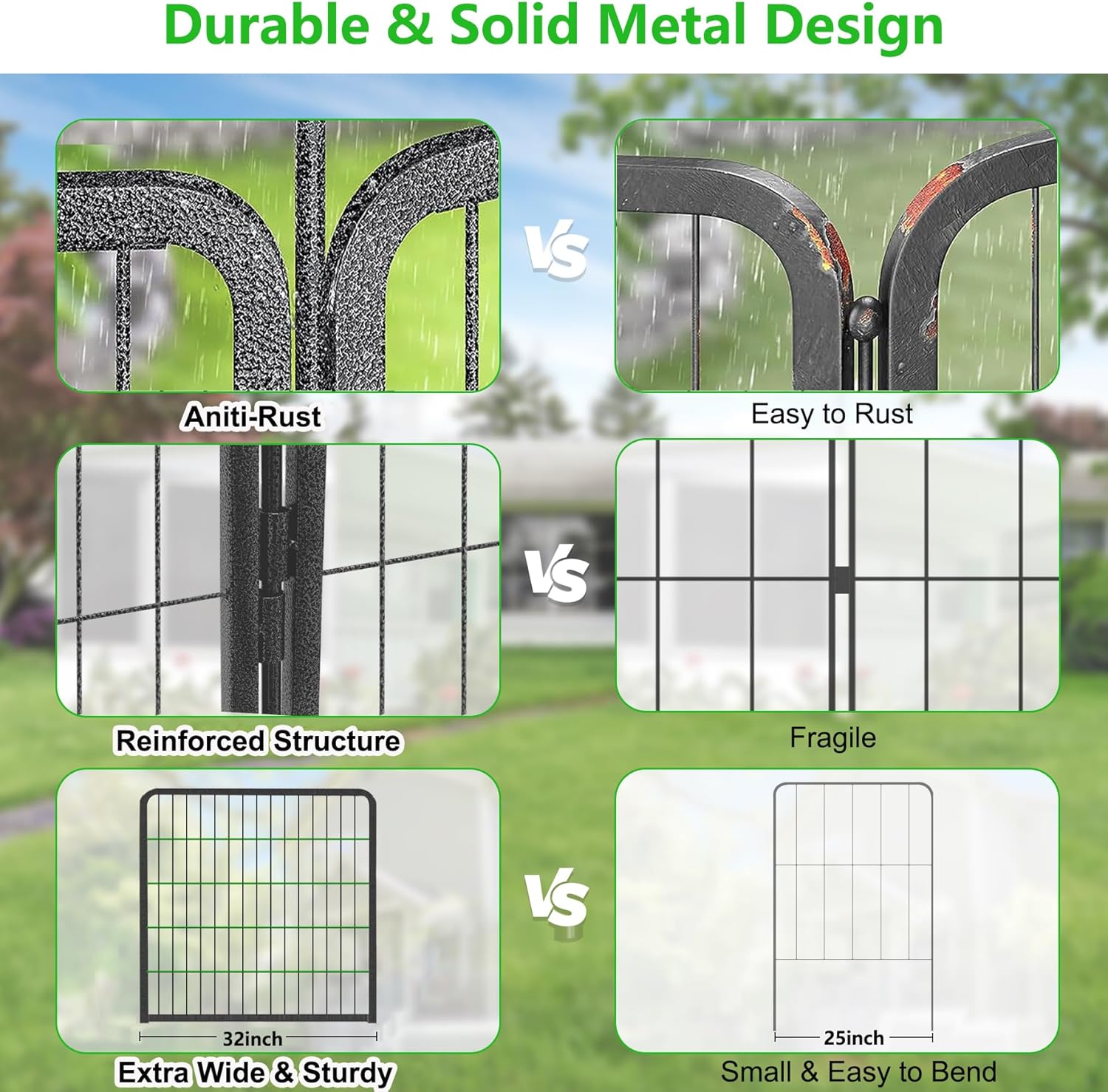 Valla decorativa de metal para jardín con puerta, 32 pulgadas de alto x 64 pies de largo, valla sin excavación, 24 paneles para perros, valla de