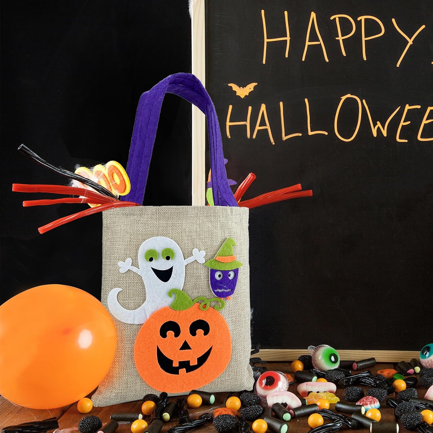 YJUBAOA Paquete de 8 bolsas de golosinas de Halloween con asas para dulce o truco, bolsas de arpillera para fiesta, bolsas pequeñas reutilizables de