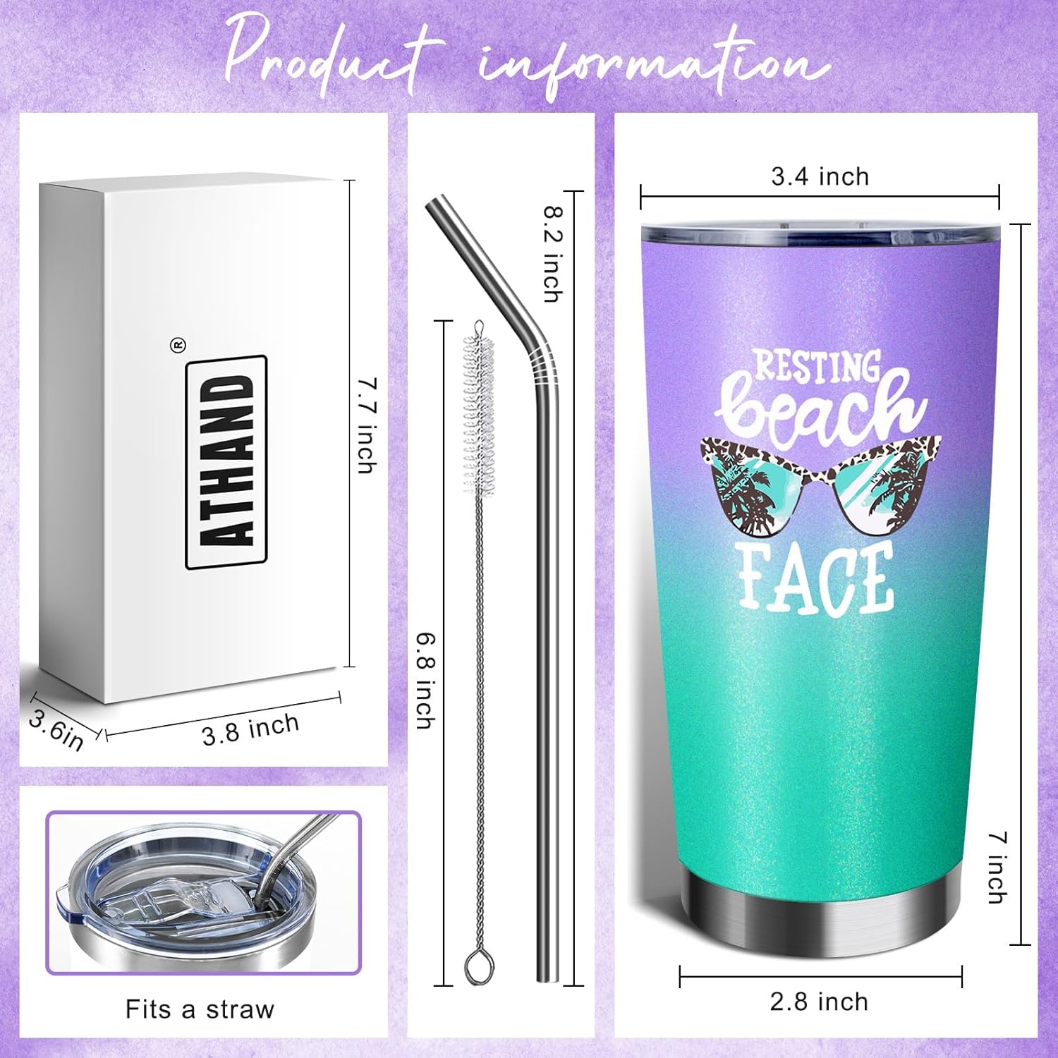 Vasos aislados de 20 onzas con tapa y pajilla, cara de playa en reposo, doble pared, acero inoxidable, vaso de vino al vacío, para café, vino, taza