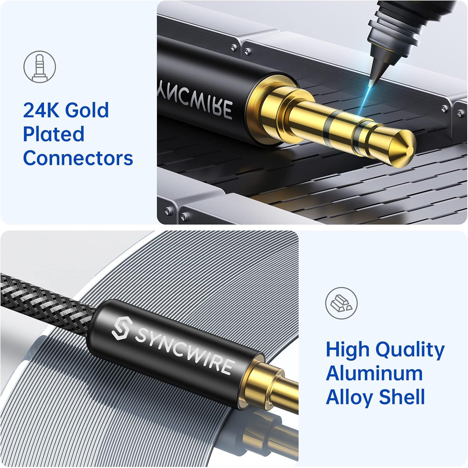 Syncwire Cable auxiliar trenzado de nailon de 0.138 in (32.8 pies, sonido de alta fidelidad), adaptador de entrada auxiliar de audio macho a macho