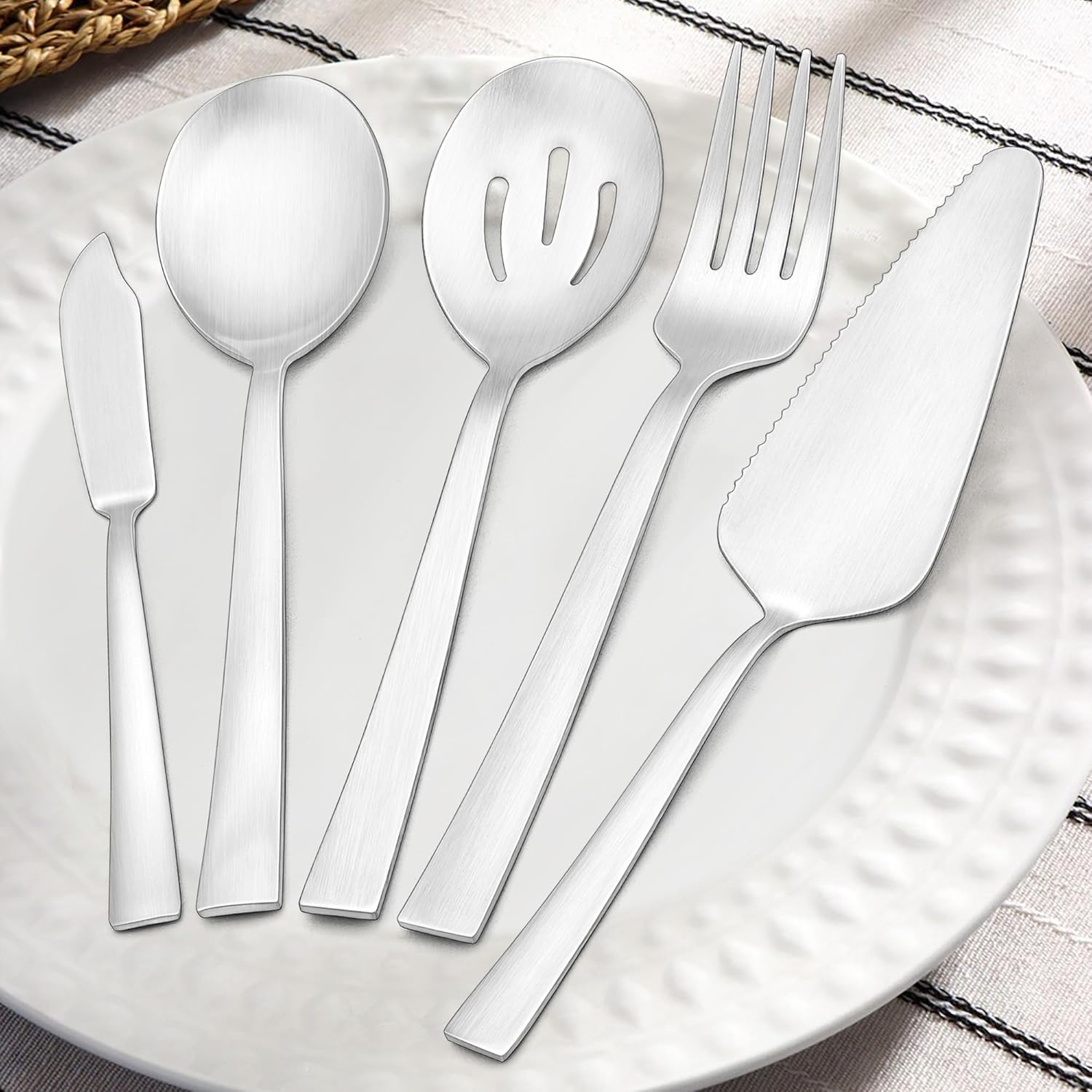 HaWare – Utensilios para servir, juego de 5 piezas de acero inoxidable para bufé, fiesta, cocina, restaurante, cubiertos de mango cuadrado, acabado