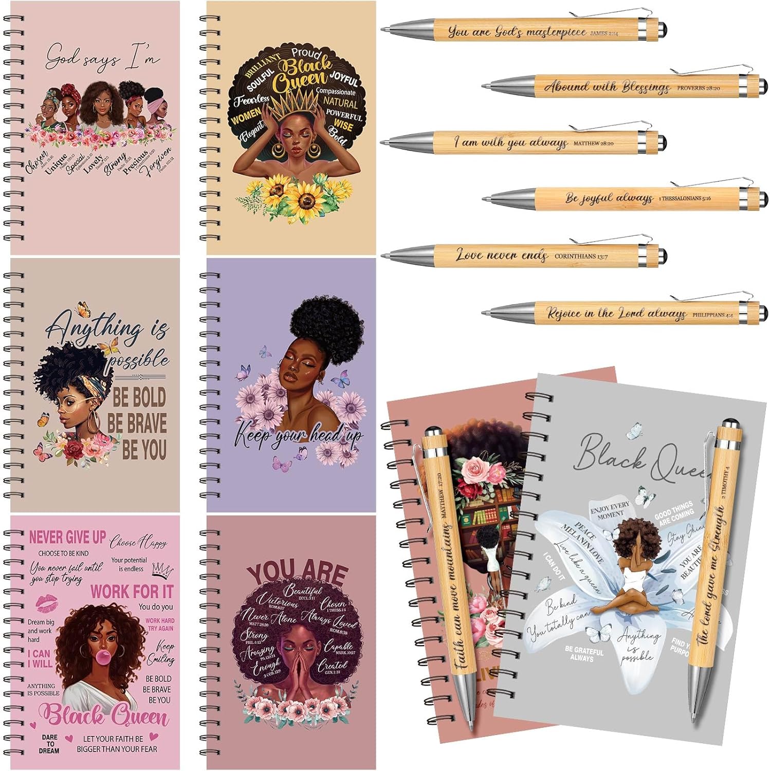 8 cuadernos negros para mujeres, afroamericanos, espirales, motivacionales, para niñas negras, cuaderno de tapa dura inspirador con 8 bolígrafos de