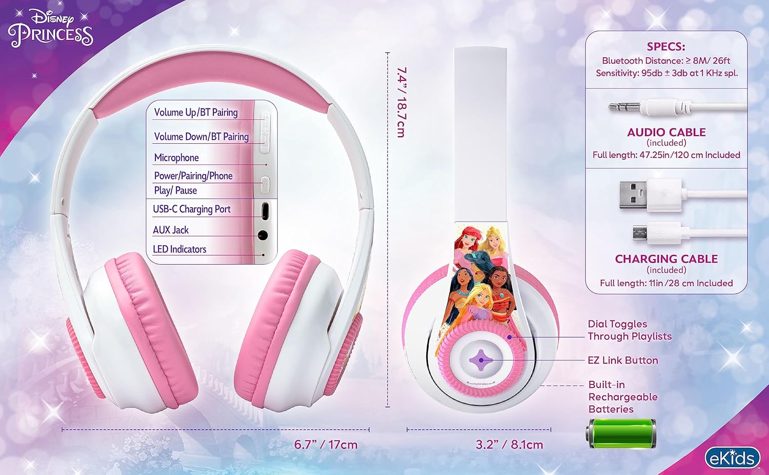 eKids Disney Princess – Auriculares Bluetooth con EZ Link+, auriculares inalámbricos con micrófono y cable de audio, auriculares para niños para