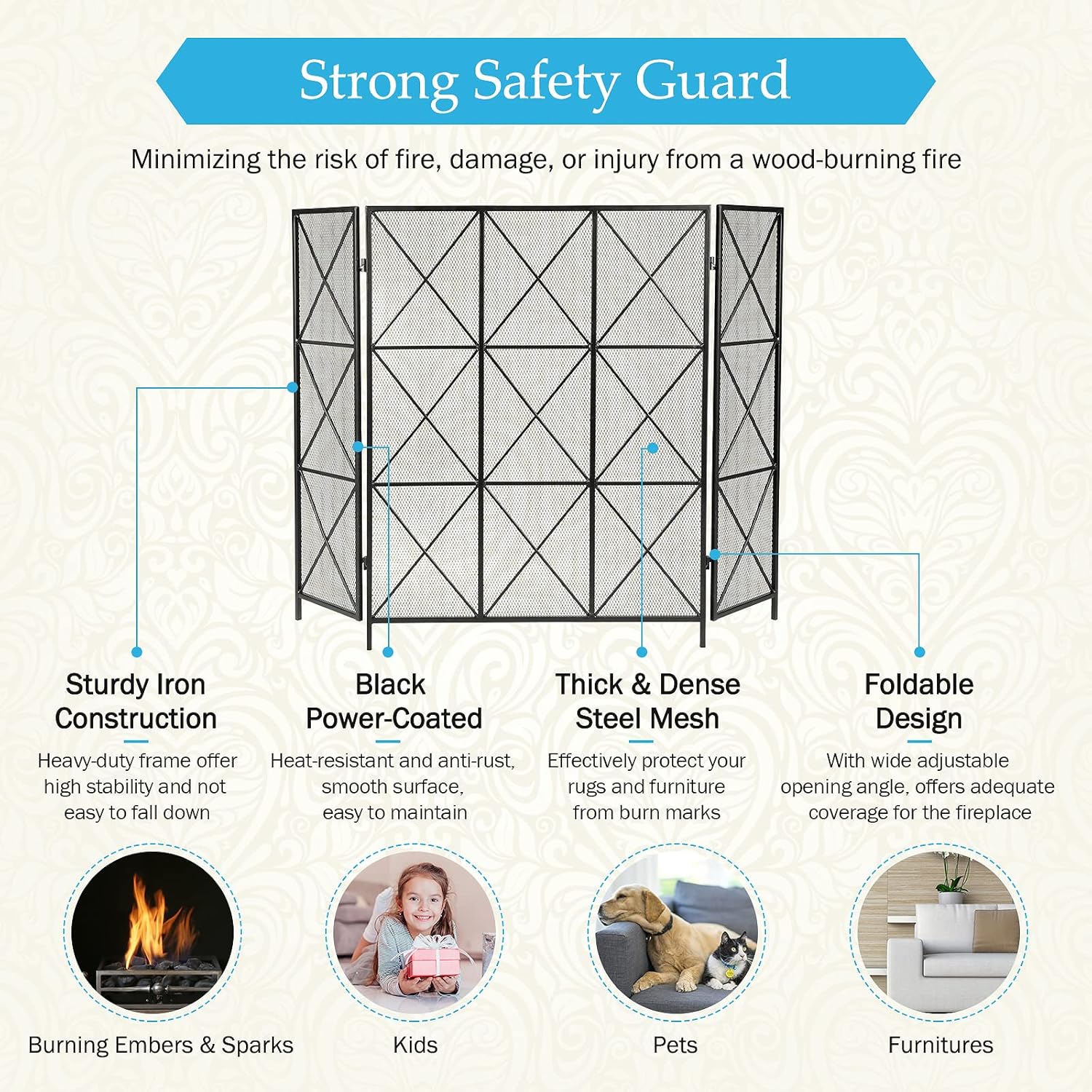 IRONWALLS Pantalla negra para chimenea, 41.7 pulgadas de largo x 31.5 pulgadas de alto, cubierta plana plegable de hierro con protección contra