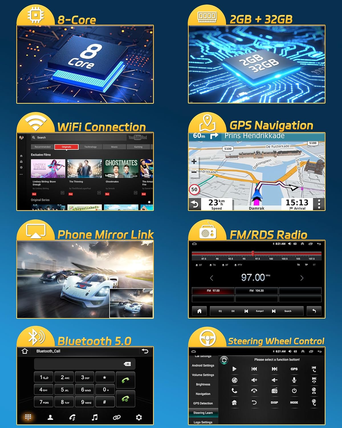 Hikity Android 13 Estéreo de coche inalámbrico Apple Carplay Android Auto, 8 Core 4+64G Doble Din 9 pulgadas Pantalla táctil Audio del coche