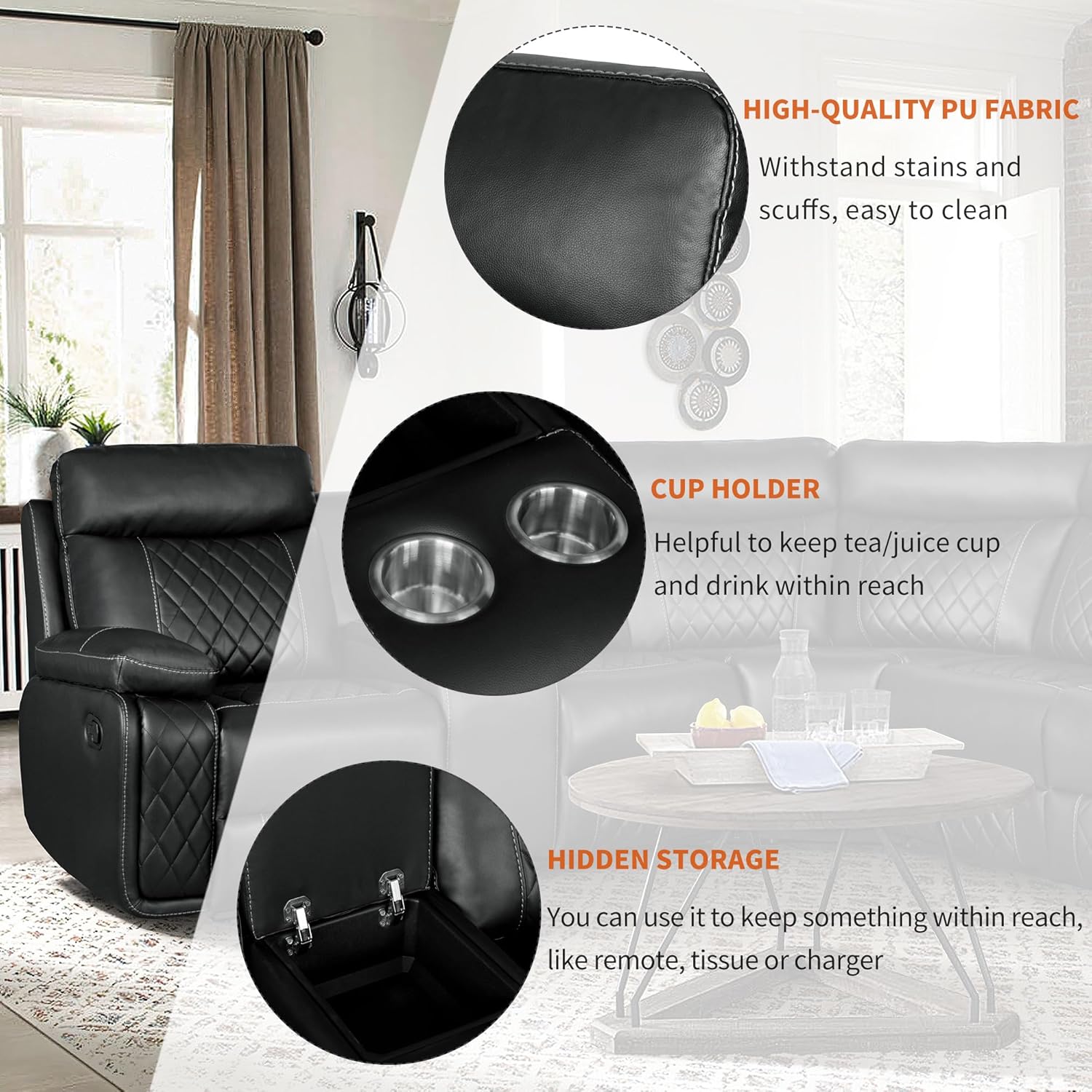 Juego de sofá seccional simétrico de PU, moderno, almacenamiento oculto, sofá esquinero reclinable manual con consola central y portavasos para sala