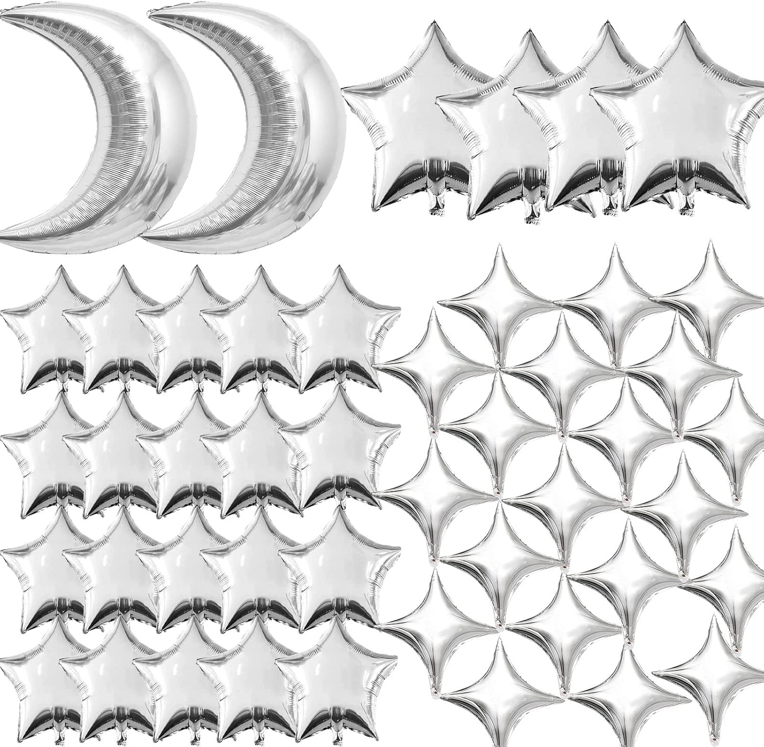 50 globos plateados de luna y estrella, globos de aluminio de luna de 36 pulgadas, globos de papel de aluminio de estrella de 18 y 10 pulgadas,