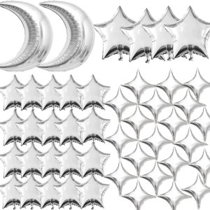 50 globos plateados de luna y estrella, globos de aluminio de luna de 36 pulgadas, globos de papel de aluminio de estrella de 18 y 10 pulgadas, 50 globos plateados de luna y estrella, globos de aluminio de luna de 36 pulgadas, globos de papel de aluminio de estrella de 18 y 10 pulgadas,