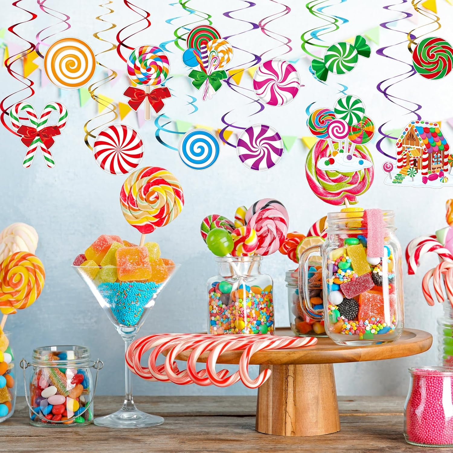 Namalu 54 piezas de remolinos colgantes de caramelo, decoración de bastón de caramelo de Navidad, remolino colgante de techo, adornos coloridos de