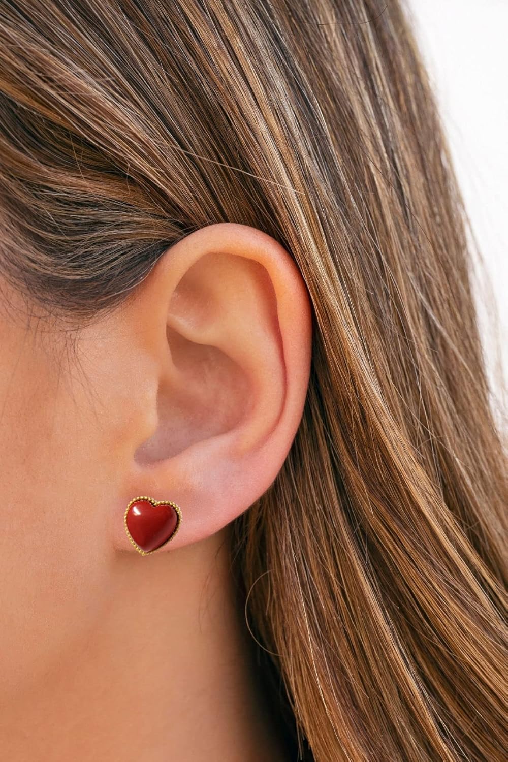 925 Sterling Silver Red Jasper Heart Stud Earrings 14K Gold Plated Matte Finish Natural Gemstone Dainty Stud Women’s Earrings – Hypoallergenic Safe