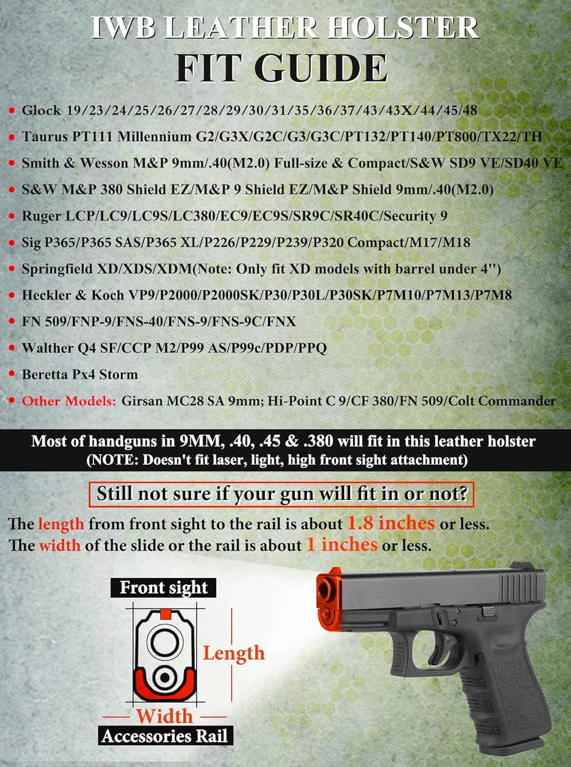 IWB – Funda de piel auténtica para Glock 194243X, Sig P365P320P220, Ruger LCPLC9SSecurity 9Max 9, Taurus G2G2CG3CGX4, Springfield HellcatXD, M&P
