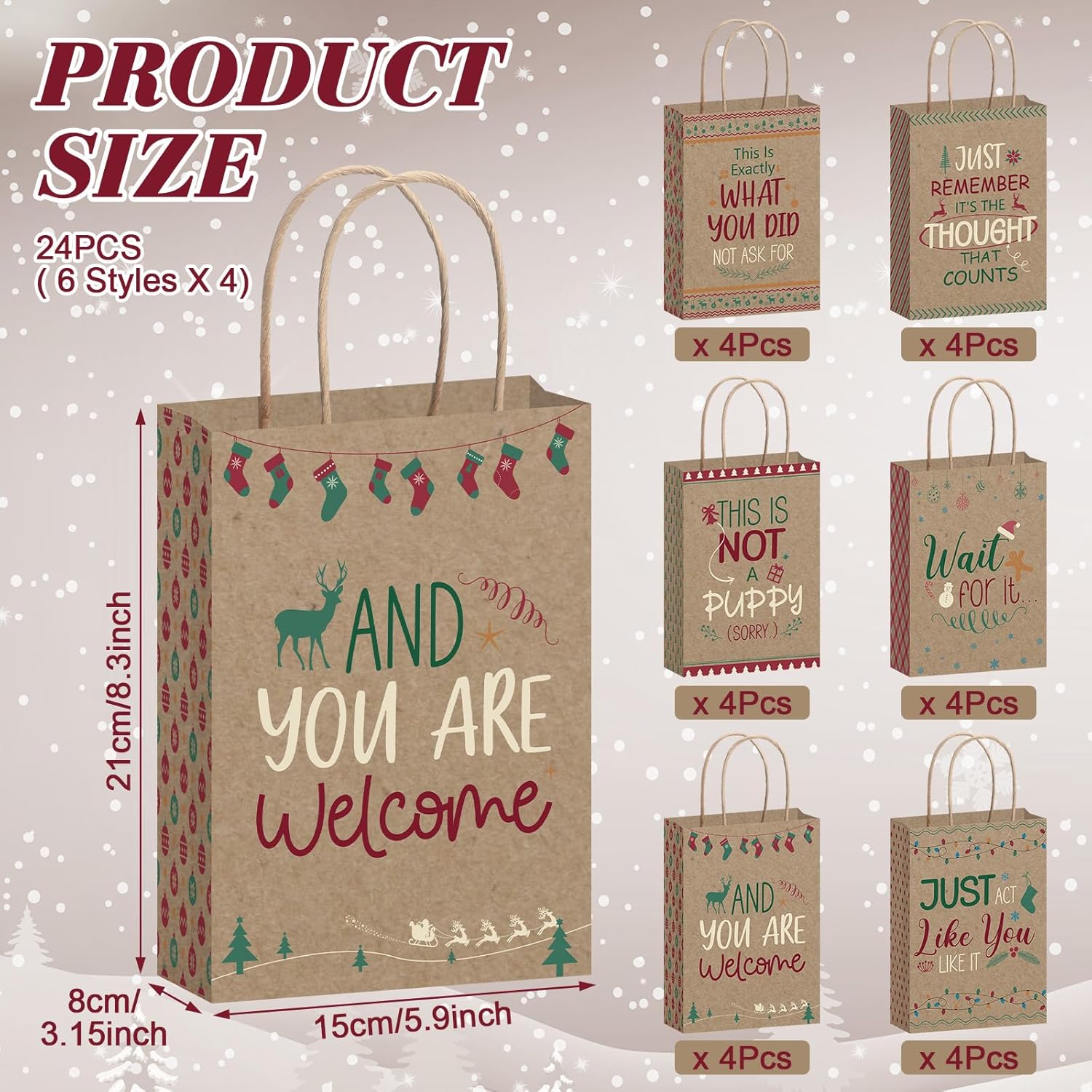 Tenceur 24 bolsas de regalo de Navidad con texto divertido a granel, bolsas de papel para fiestas de Navidad con asas, bolsa de regalo de papel