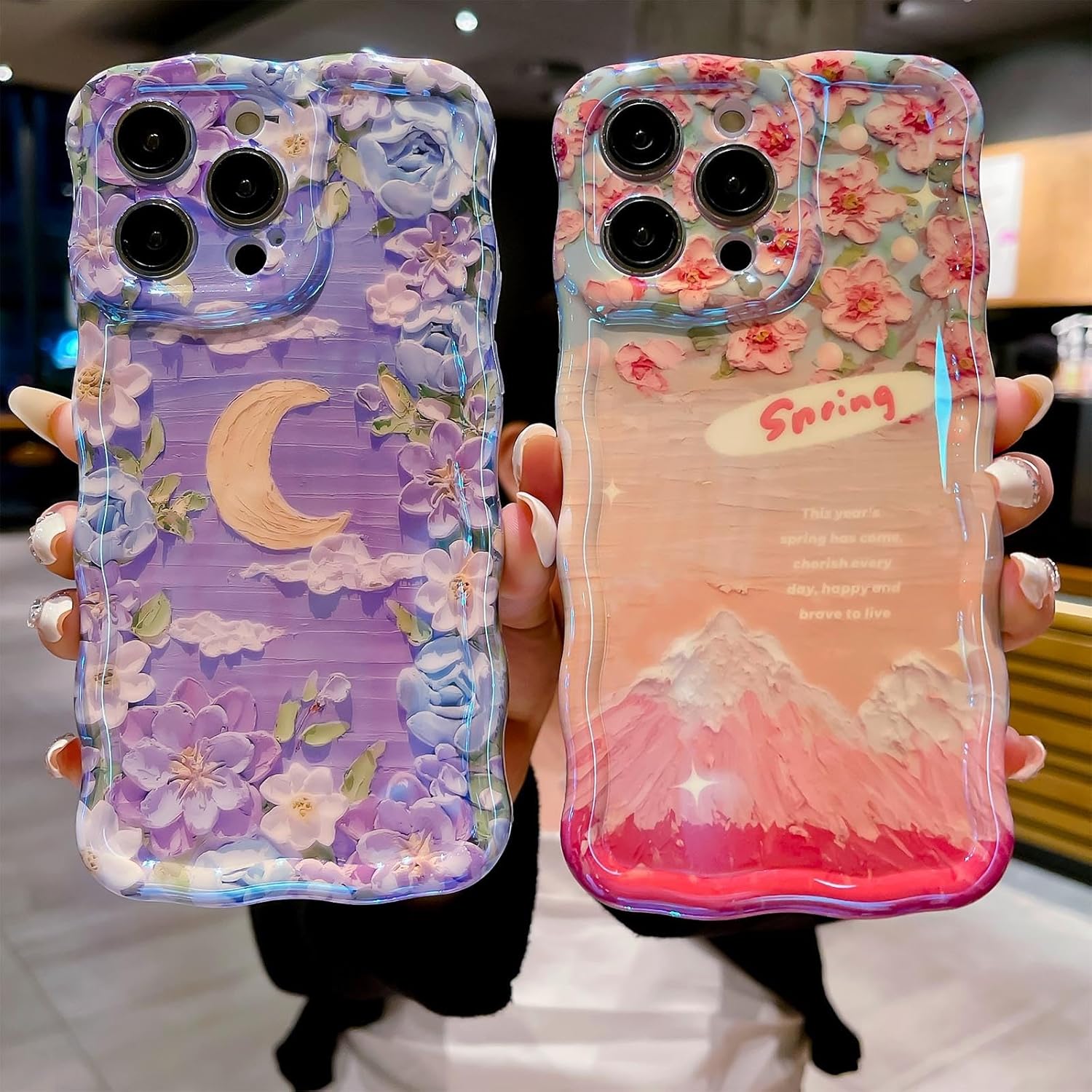 Funda para iPhone 13 Pro Max, colorida pintura al óleo retro flor linda rizada con borde floral para mujeres y niñas, protección de cámara, funda