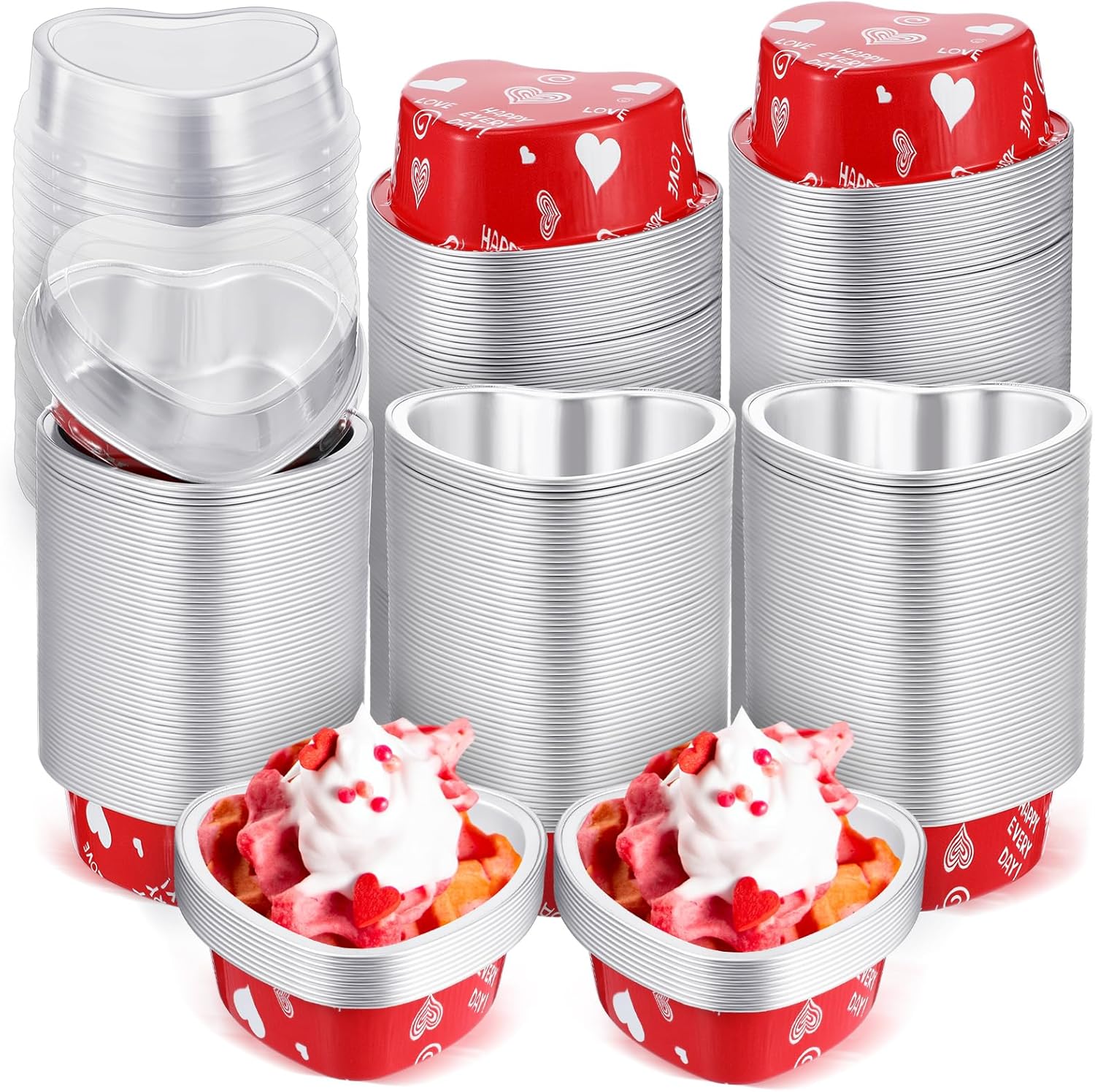 Juego de 100 moldes de papel de aluminio en forma de corazón, mini tazas para cupcakes con tapas, molde para flan, desechables, para Navidad,