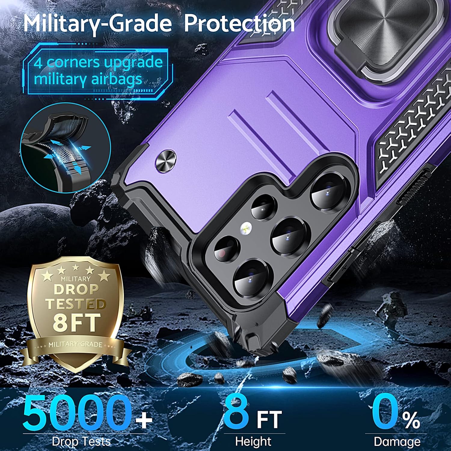 Anqrp Funda para Galaxy S22 Ultra, funda protectora de grado militar con anillo de metal giratorio soporte magnético compatible con Samsung Galaxy