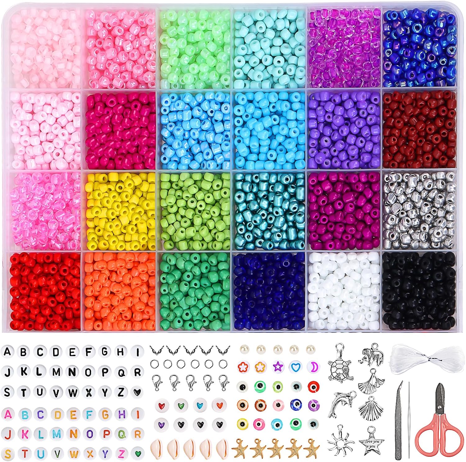 QUEFE Juego de 3460 cuentas de cristal de 0.157 pulgadas para hacer joyas, kit de fabricación de pulseras, kit de cuentas de cintura pequeñas de 24