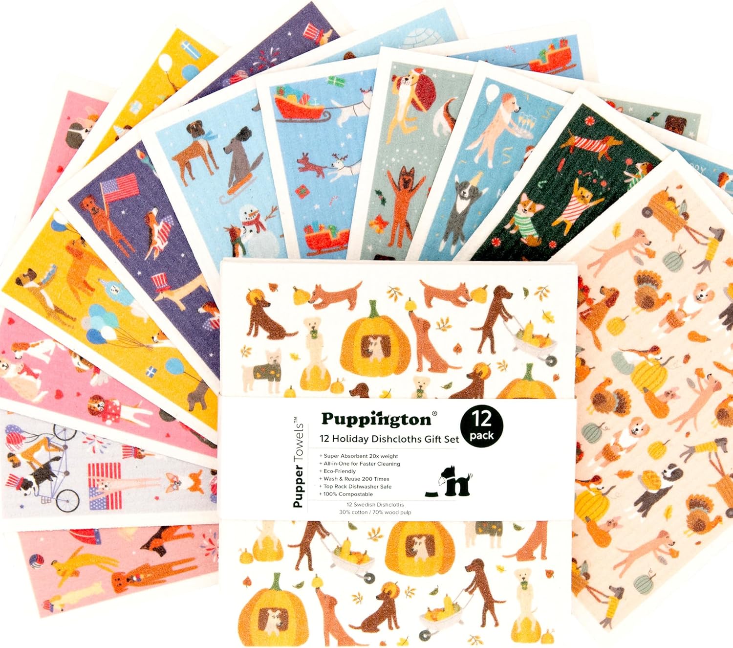 Puppington Pupper Towels – 12 paños de cocina suecos para decoración de Navidad de cocina, toallas de cocina y paños de cocina para perros de Papá