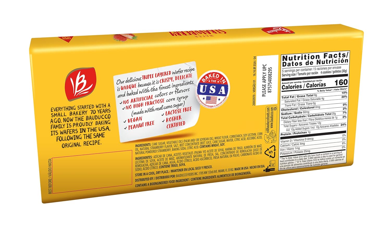 Bauducco Strawberry Wafers – Galletas crujientes de oblea con 3 deliciosas capas de crema con sabor a fresa, delicioso aperitivo dulce o desierto,