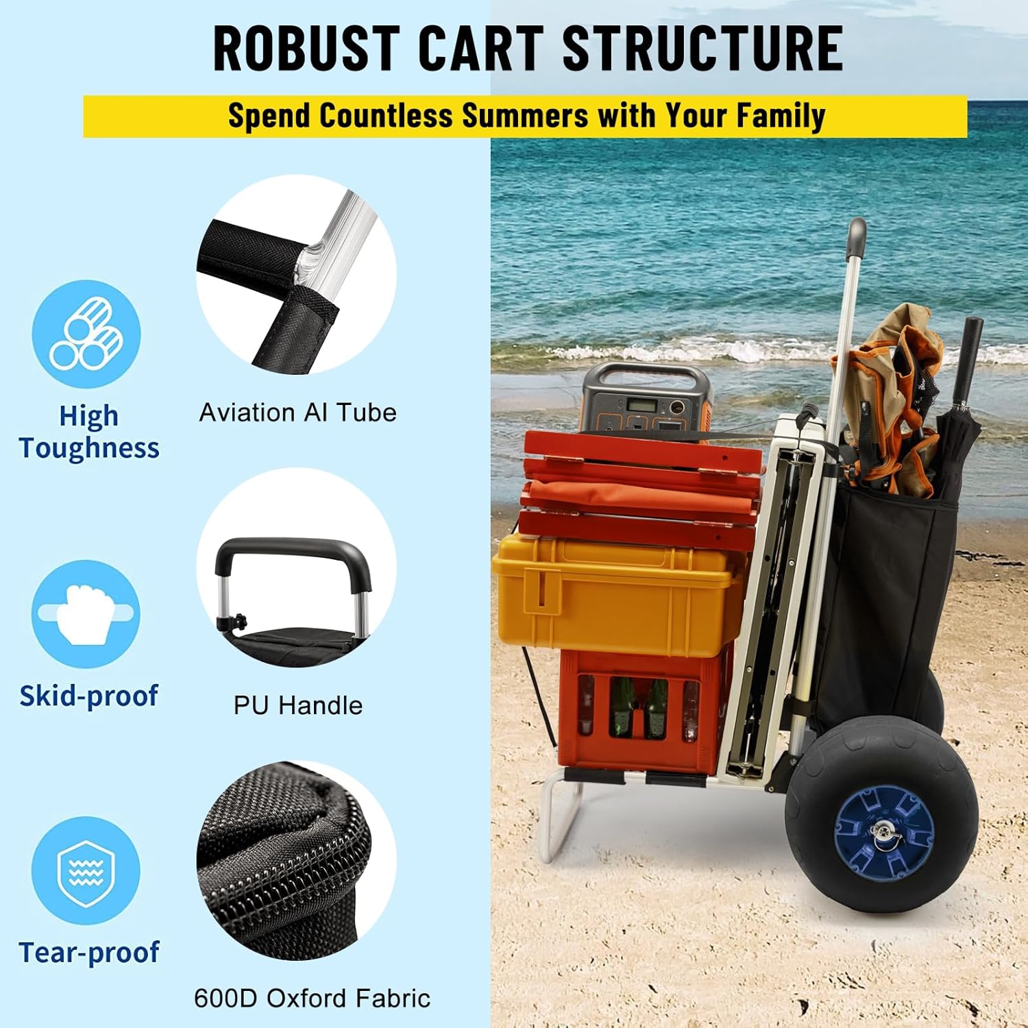 Carros de playa, ruedas grandes de 13 pulgadas, neumáticos de espuma sintética sólida para arena, carrito de arena plegable de carga de 165 libras y