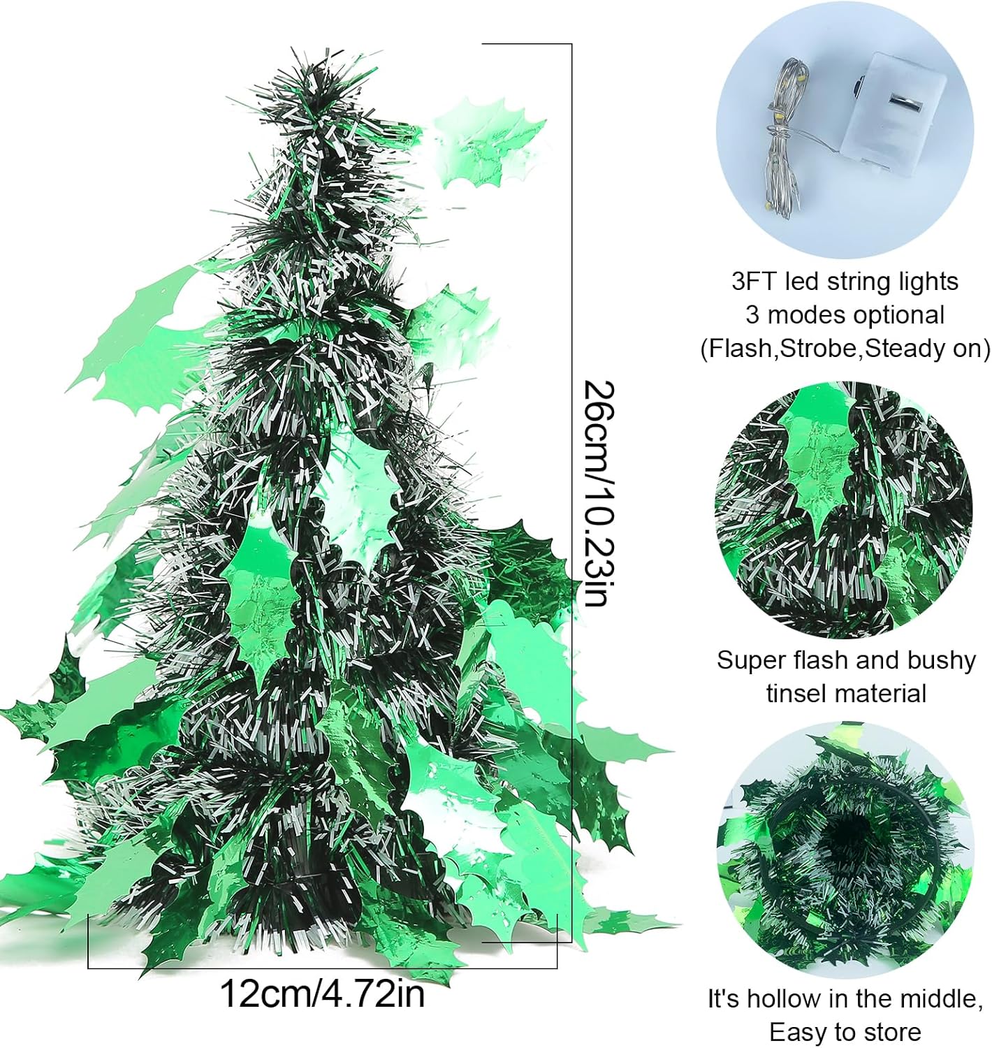 Mini árbol de Navidad, árbol de Navidad de oropel artificial con luces, árbol de Navidad de mesa, funciona con pilas, pequeño árbol de Navidad para