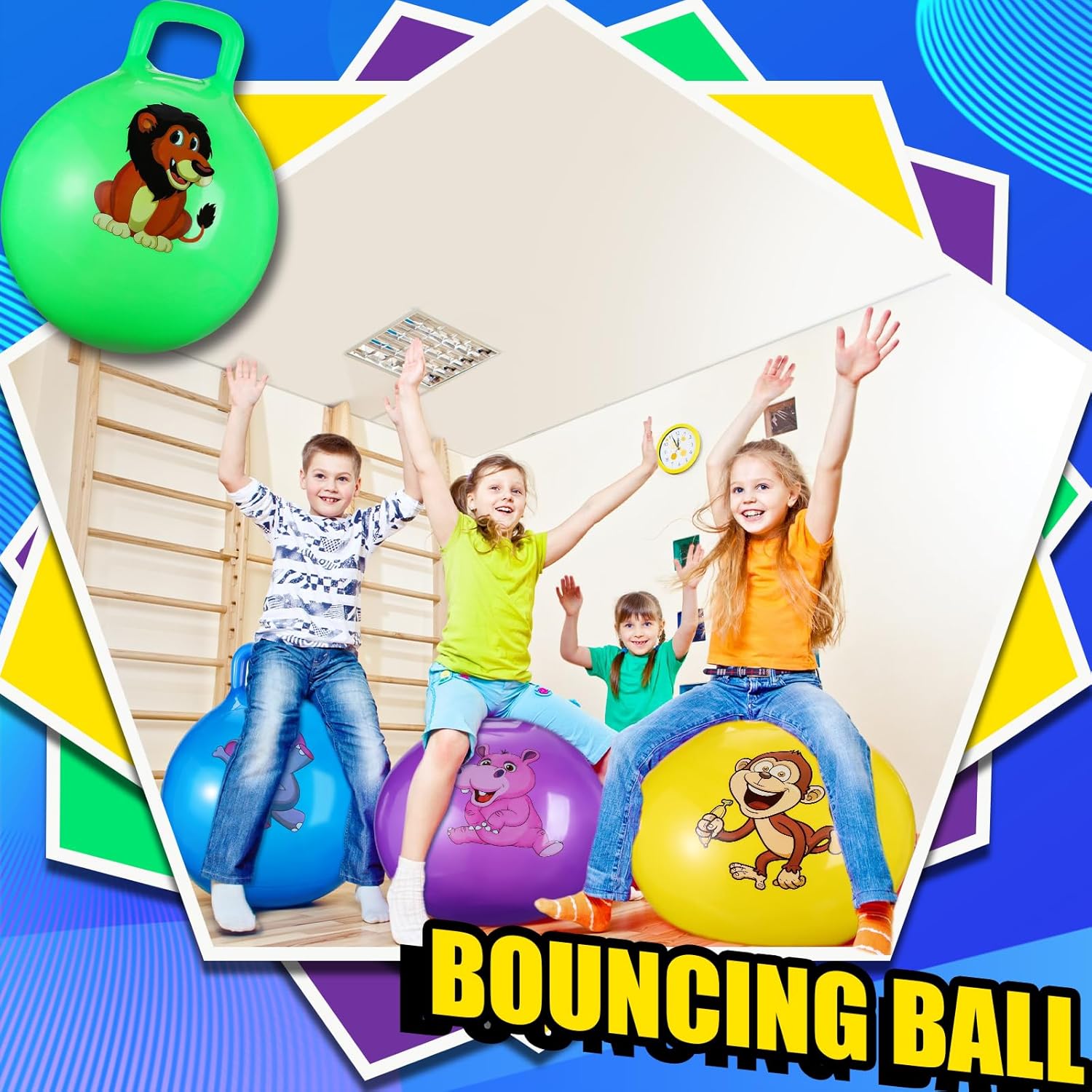 4 pelotas inflables de 18 pulgadas para niños de 3 a 6 años, pelota de tolva con mango y bomba, pelota de rebote de hippity hop con animales de