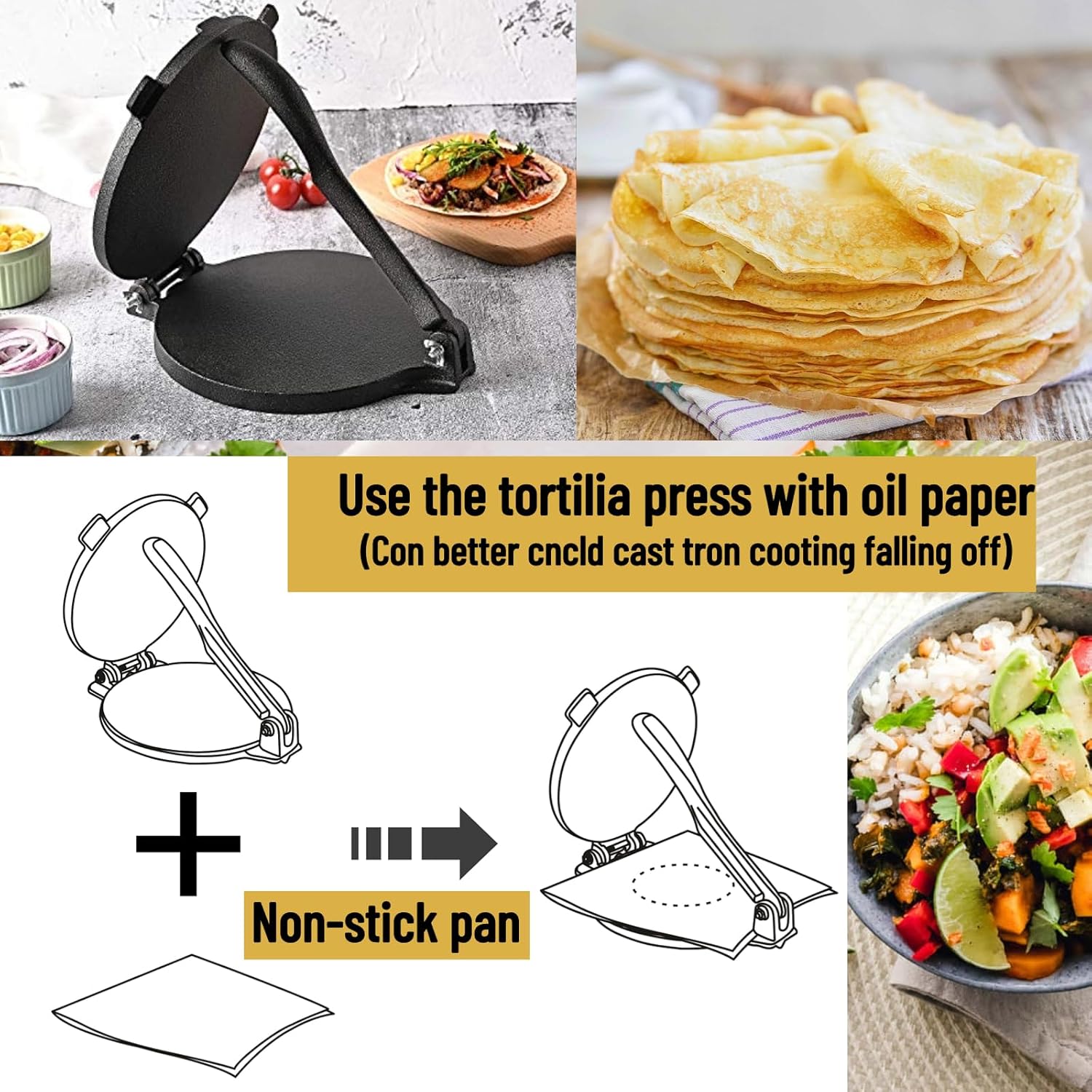 Prensa de tortilla de hierro fundido, fabricante de tortillas de servicio pesado, calentador de tortilla de prensa de tortilla de maíz, fabricante