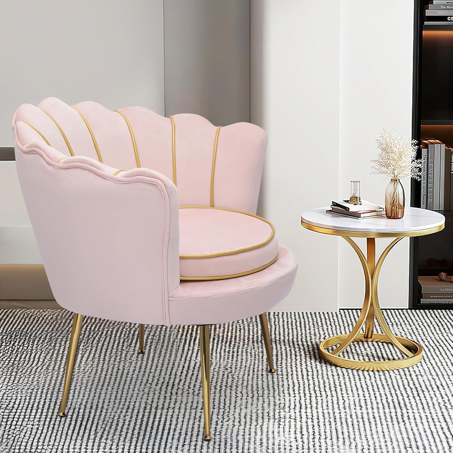 Magshion Moderno sillón tapizado de terciopelo con respaldo festoneado con patas doradas y almohada suave para sala de estar, cómoda silla de