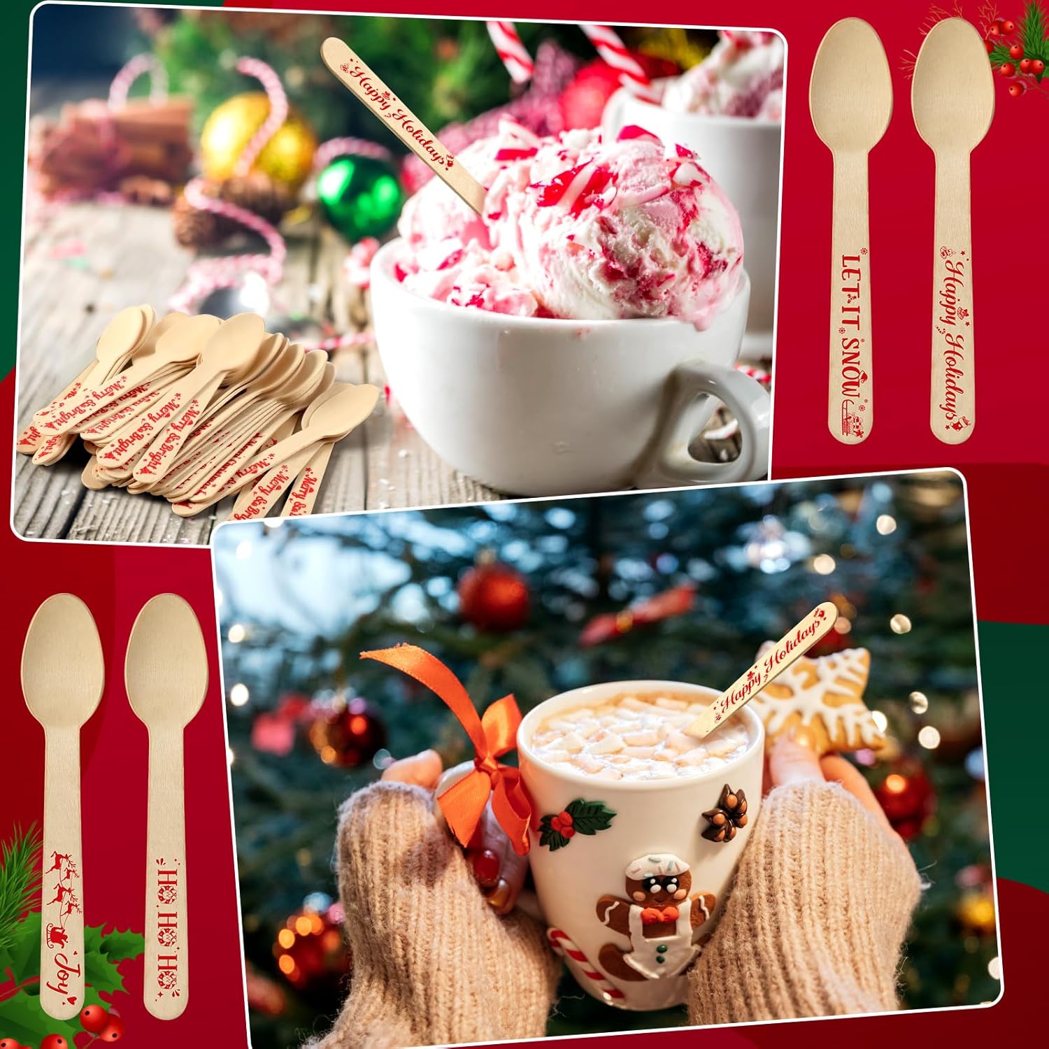 300 cucharas de madera de Navidad para chocolate caliente, cucharas desechables de cacao caliente, diseño de bastón de caramelo, cucharas de