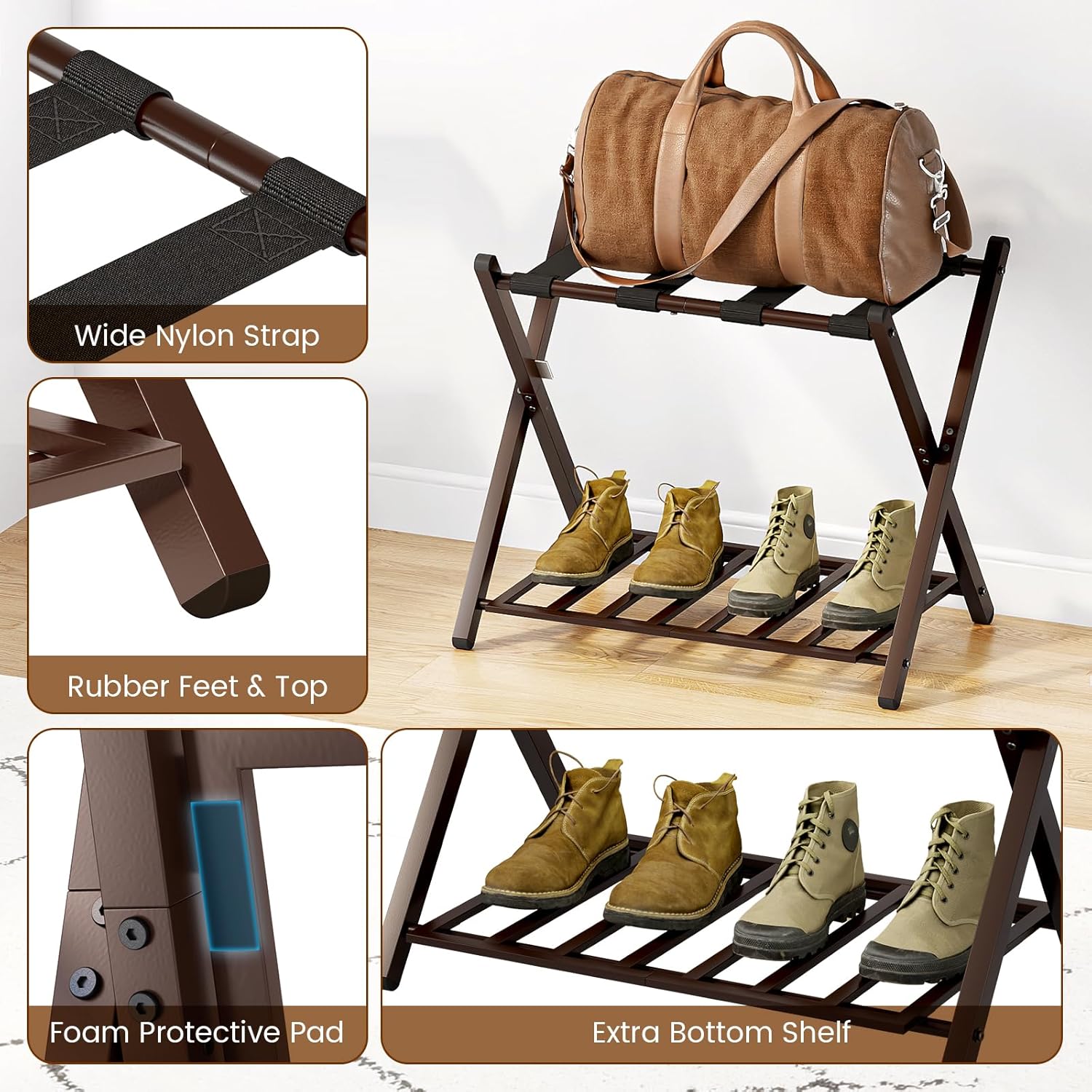 Portaequipajes plegable para habitación de invitados, soporte plegable para maleta con bloqueo magnético único y estante de acero, por nivel con