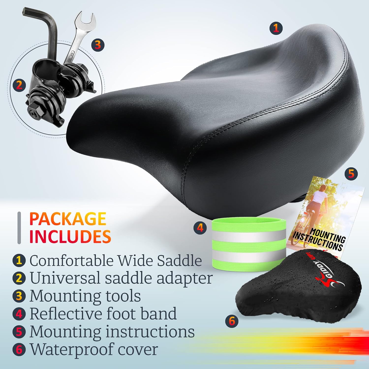 Giddy Up! Asiento de bicicleta – Cómodo sillín de bicicleta premium para ejercicio y bicicleta de carretera con LED – Sillín de bicicleta acolchado