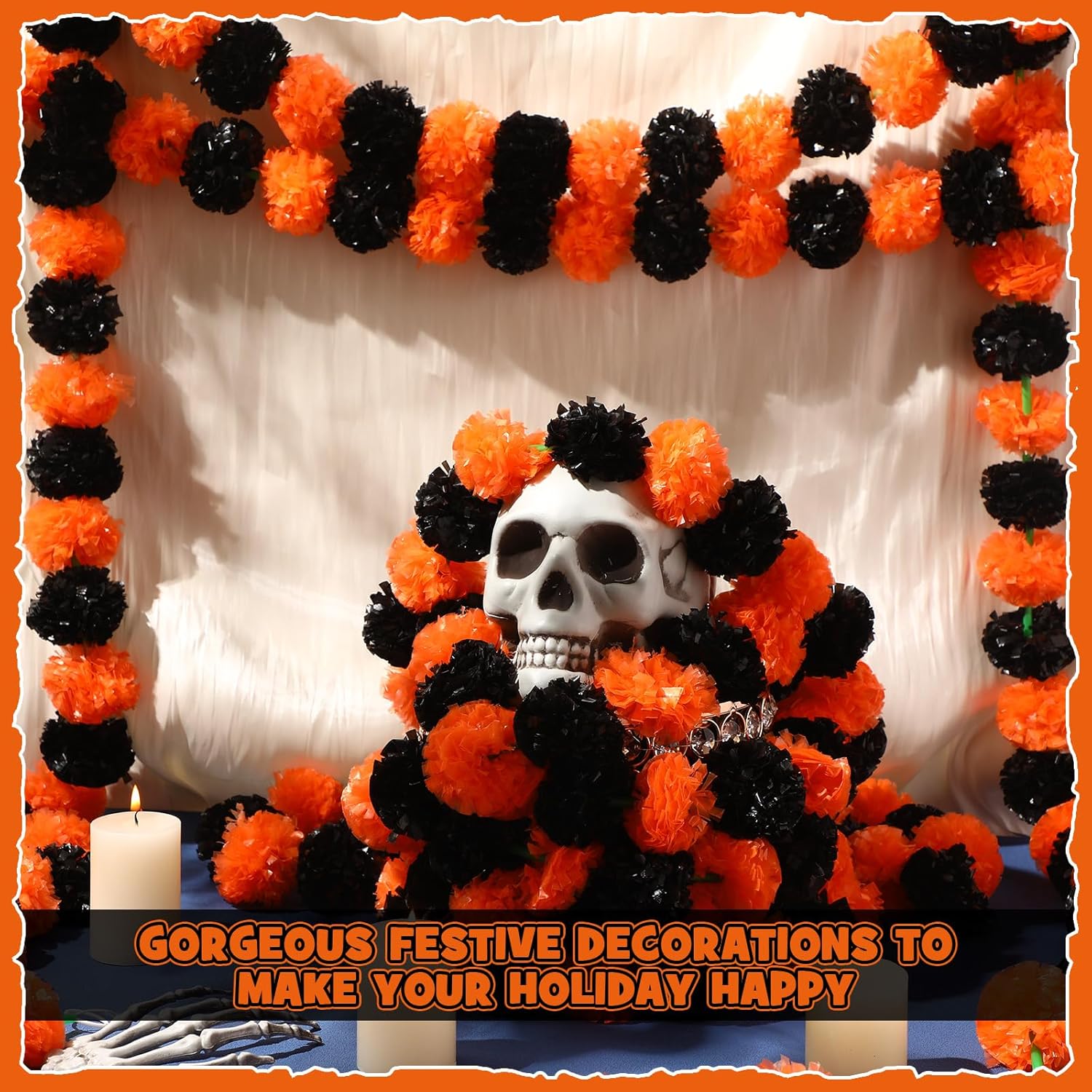 Yunsailing Guirnalda de caléndula naranja de 5 pies para el Día de los Muertos, guirnalda de flores artificiales de caléndula para boda, decoración