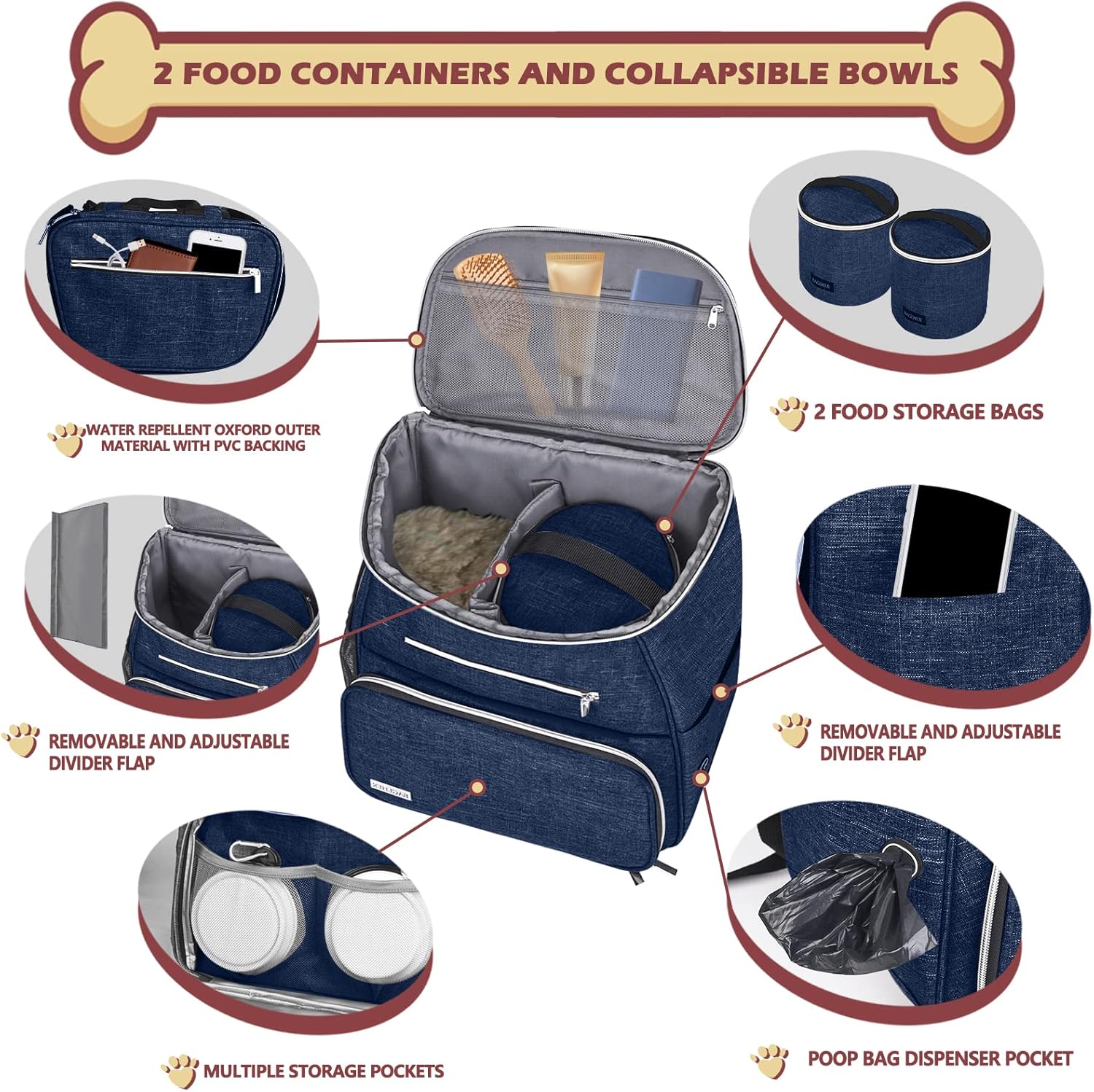 BAGLHER Mochila de viaje para perros, mochila de suministros para mascotas aprobada por aerolíneas, mochila de viaje para perros con 2 cuencos