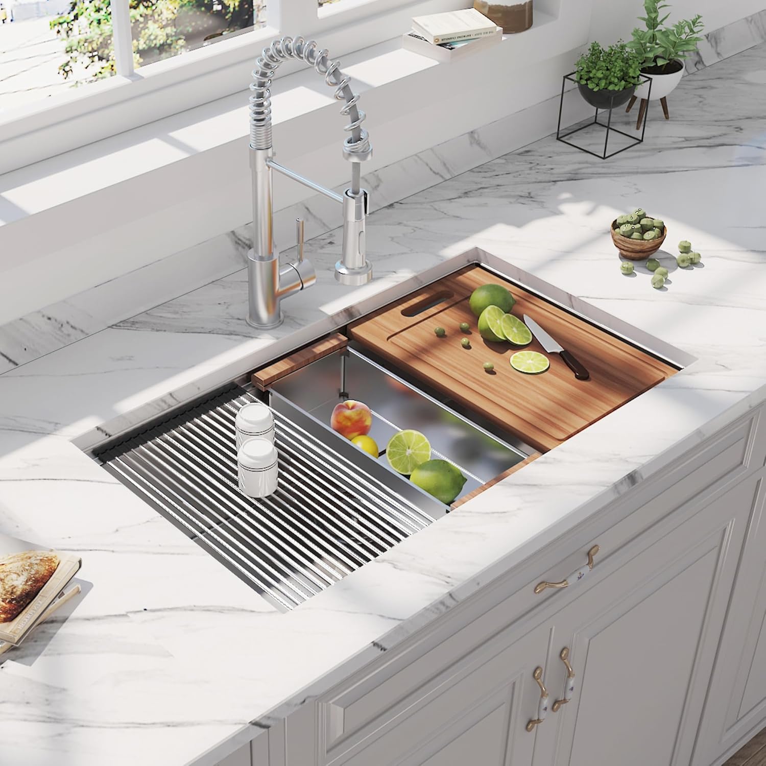 Hausinluck Fregadero de cocina con estación de trabajo de 30 pulgadas, moderno fregadero de cocina de acero inoxidable empotrado de calibre 18,
