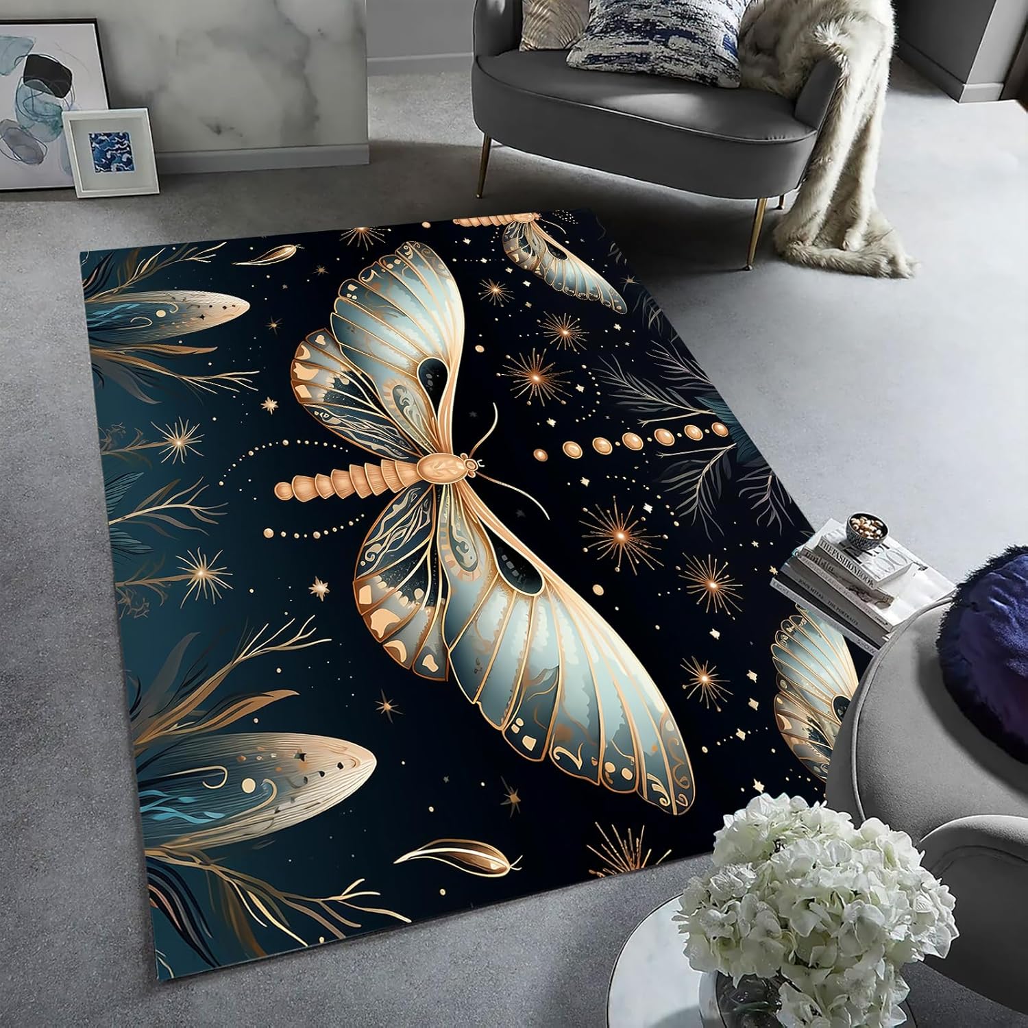 Alfombra antideslizante de arte abstracto de mariposas para sala de estar, dormitorio, comedor y cocina