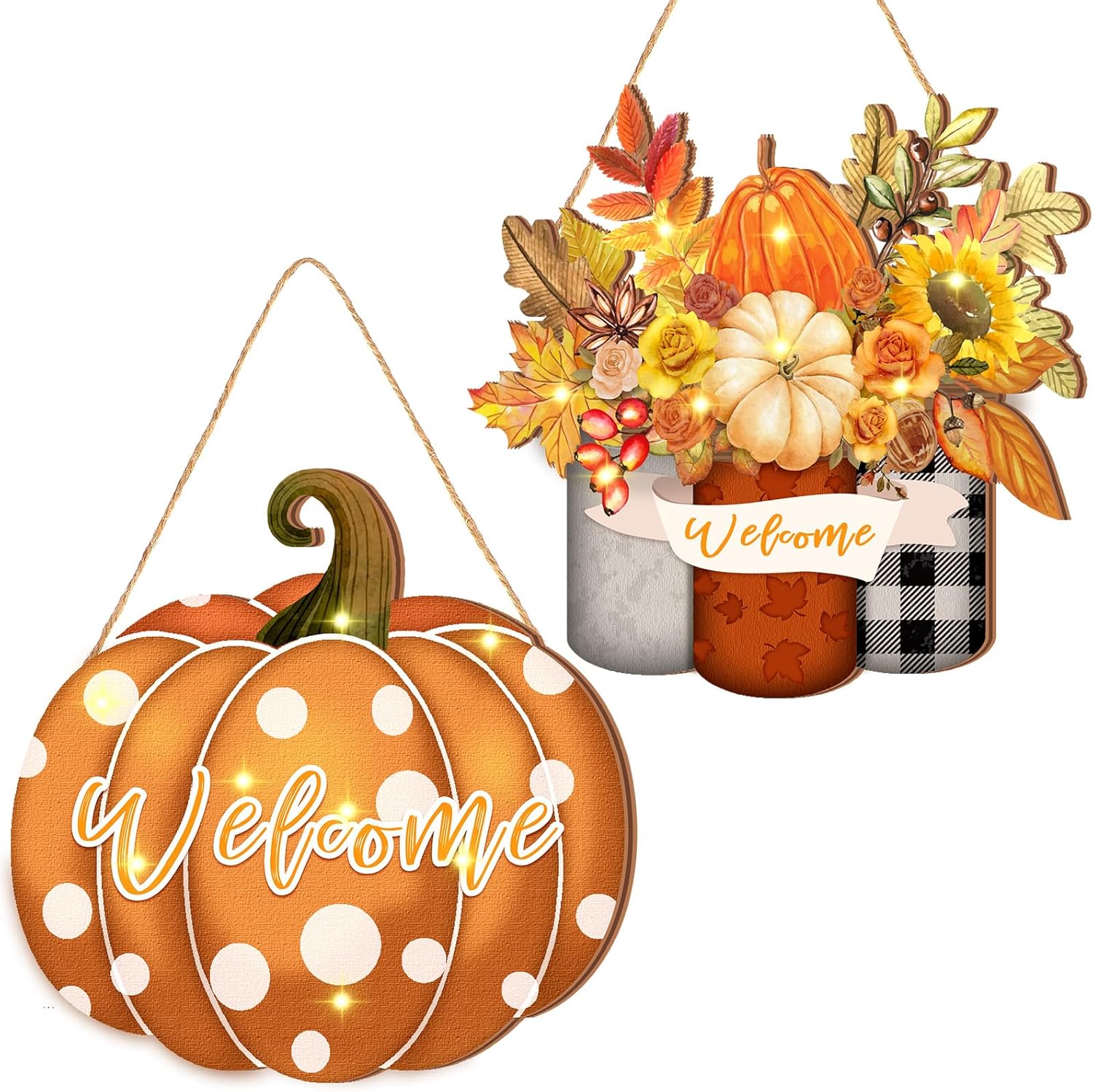 Amyhill 2 letreros iluminados de bienvenida de otoño para puerta delantera, LED, madera, calabaza, hoja de arce, decoración para colgar en Acción de