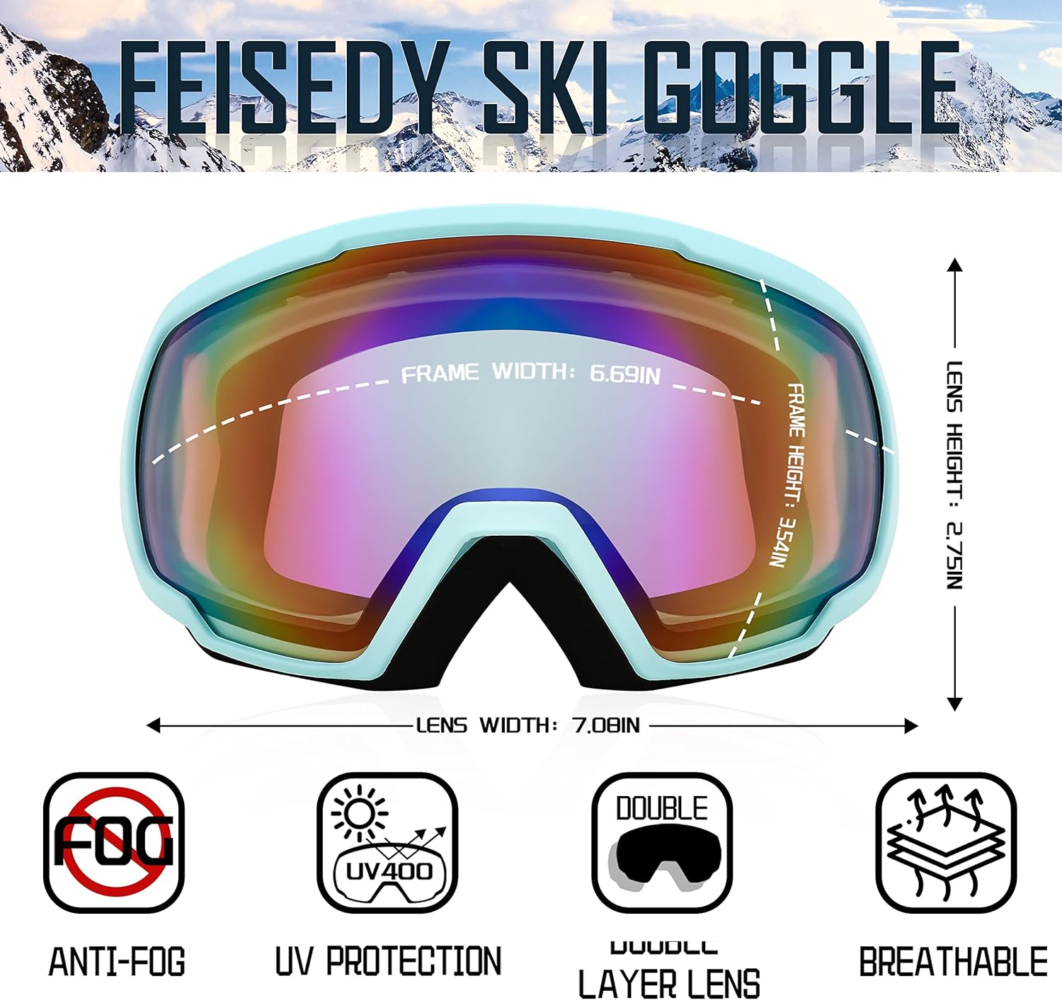 FEISEDY Gafas OTG  Gafas de motocicletaesquímoto de nieve para hombres, mujeres y jóvenes  100% protección UV B2960