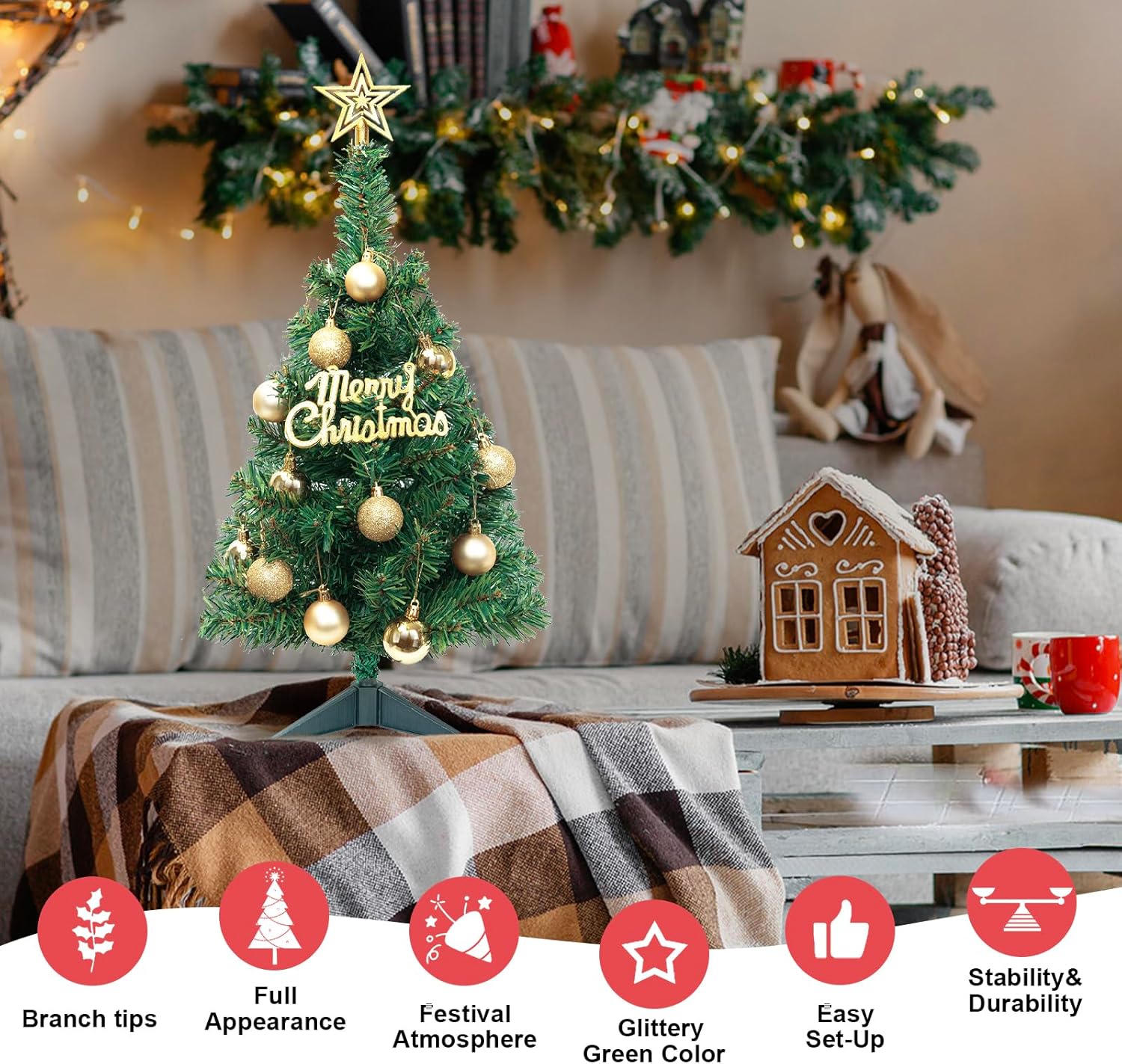 DUUDO Mini árbol de Navidad, pequeño árbol de Navidad con adornos colgantes de estrellas, árbol de Navidad artificial para el hogar, oficina, mesa,