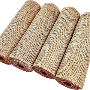 Malla de arpillera de poliéster de 10 pulgadas, 5 yardas cada uno, paquete de 4 rollos de arpillera de color lino, suministros de corona de malla Malla de arpillera de poliéster de 10 pulgadas, 5 yardas cada uno, paquete de 4 rollos de arpillera de color lino, suministros de corona de malla